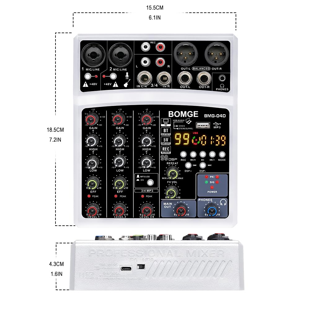BOMGE - Mini mezclador de audio Bluetooth de 4 canales con procesador 99DSP, interfaz USB, grabación estéreo, alimentación fantasma de 48 V para PC, teléfono (blanco)