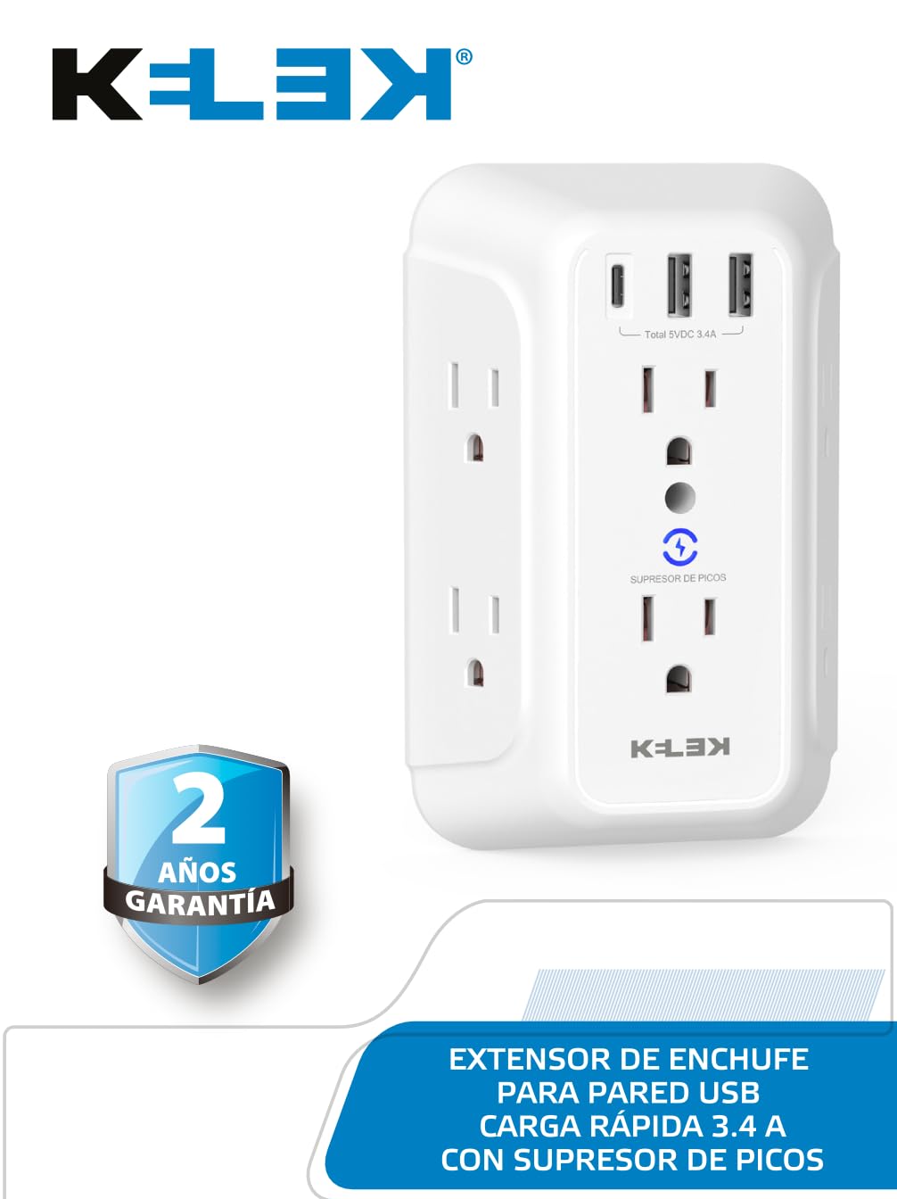 Multicontacto KELEK Blanco 6 Salidas con Puertos USB-A y USB-C y Supresor de Picos para Hogar, Oficina, Dormitorio