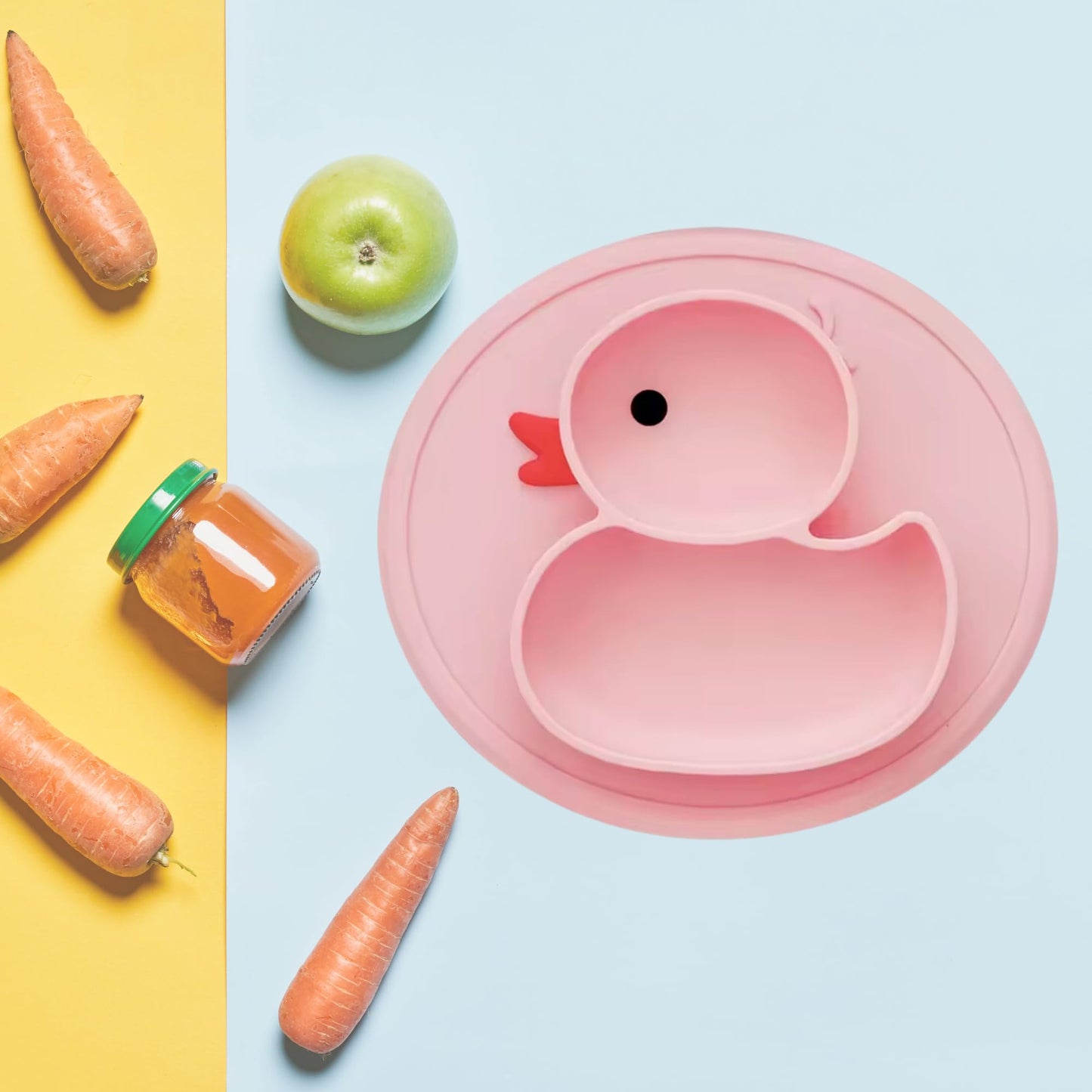 Plato de Patito para Bebé Antideslizante de Silicona con Divisiones - Ideal para Alimentación Complementaria