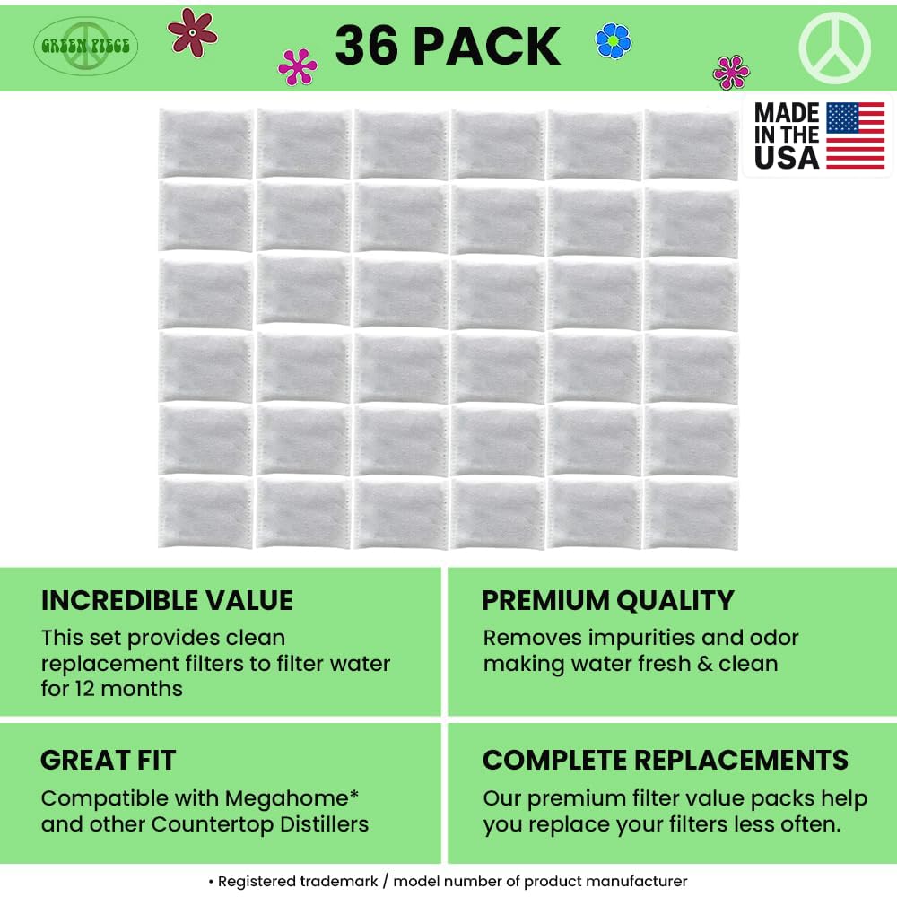 Activated Charcoal Water Filter Replacements - Great for Megahome and Other Countertop Water Distillers - Pack of 36 - Deluxe Version