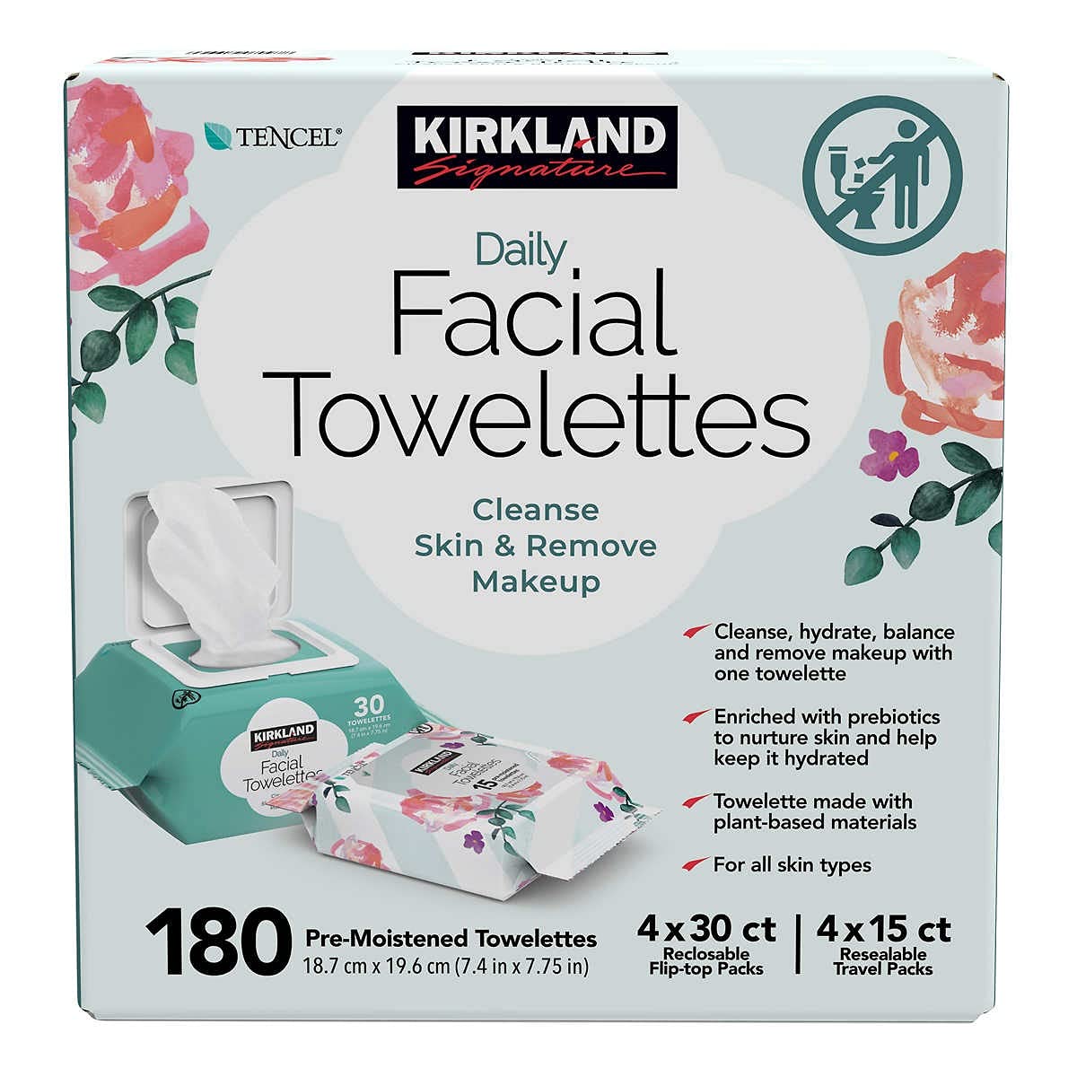 Kirkland Toallas faciales diarias, 180 CT, 180 toallas prehidratadas, hipoalergénicas, sin alcohol, 4 paquetes de viaje resellables de 30 quilates