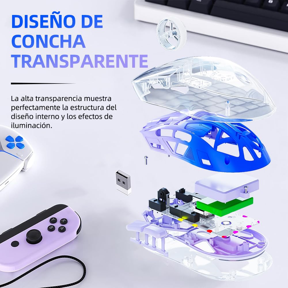 Free Wolf Mouse Inalámbrico A2, Bluetooth y 2.4GHZ Dual Modos, Ratón Recargable con Pantalla de Batería, 4000DPI Ajustable Transparente RGB Mouse Gamer