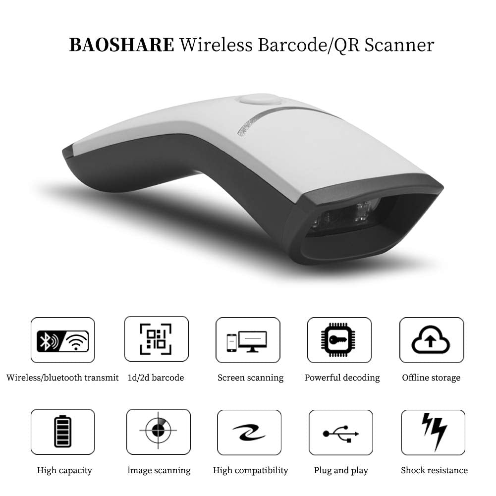 BAOSHARE Bluetooth Escáner de código de Barras 2D 1D inalámbrico, QR PDF417 Data Matrix UPC Escáner de código de Barras Recargable para computadoras portátiles/PC/Android/iOS Pearl White