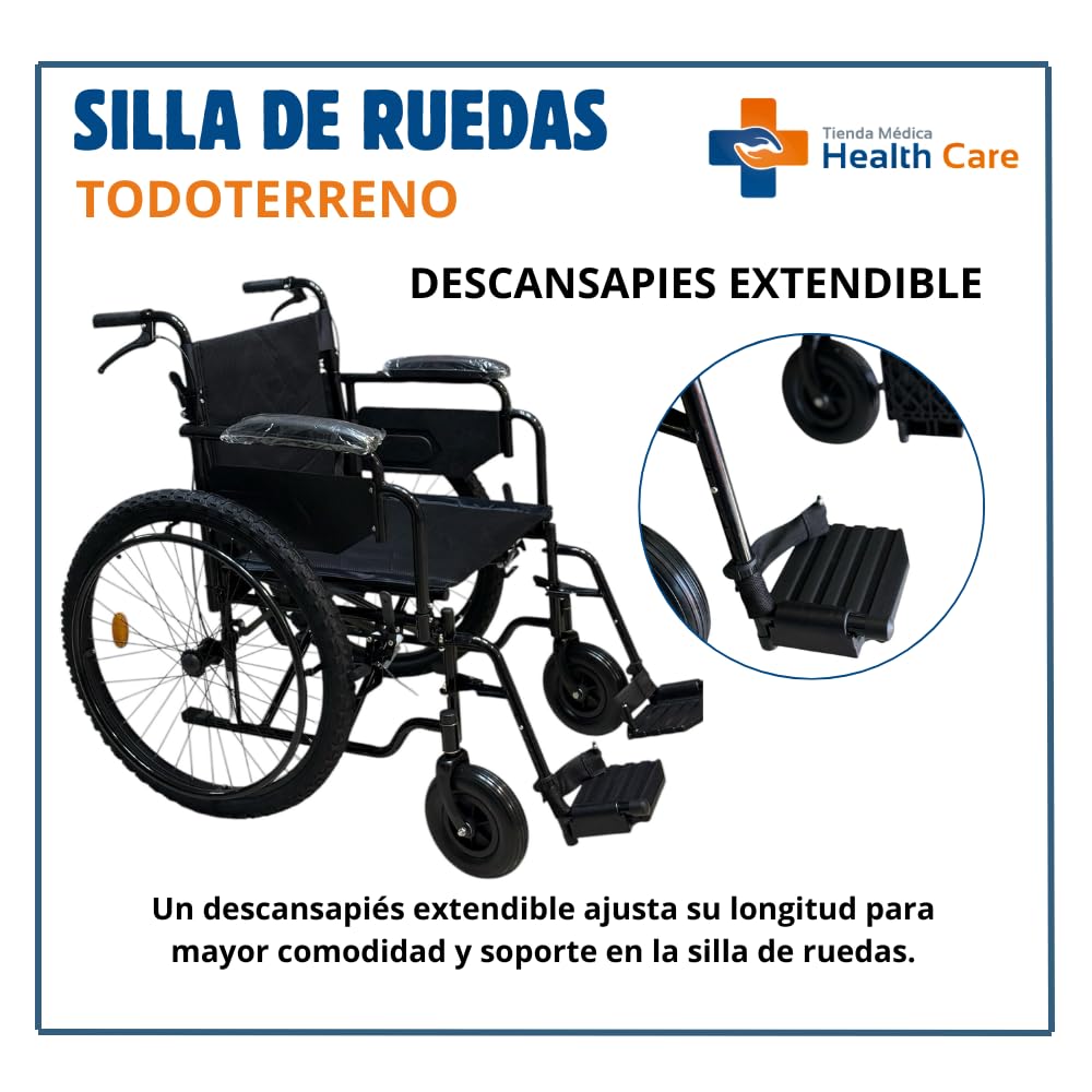 CARRE - SILLA DE RUEDAS PARA ADULTO TODO TERRENO DE LUJO NEUMATICA, RESISITENTE PLEGABLE, DESCANSAPIES REMOVIBLE, DESCANSABRAZOS REMOVIBLE, RESPALDO PLEGABLE, ACERO ESMALTADO SCT-002