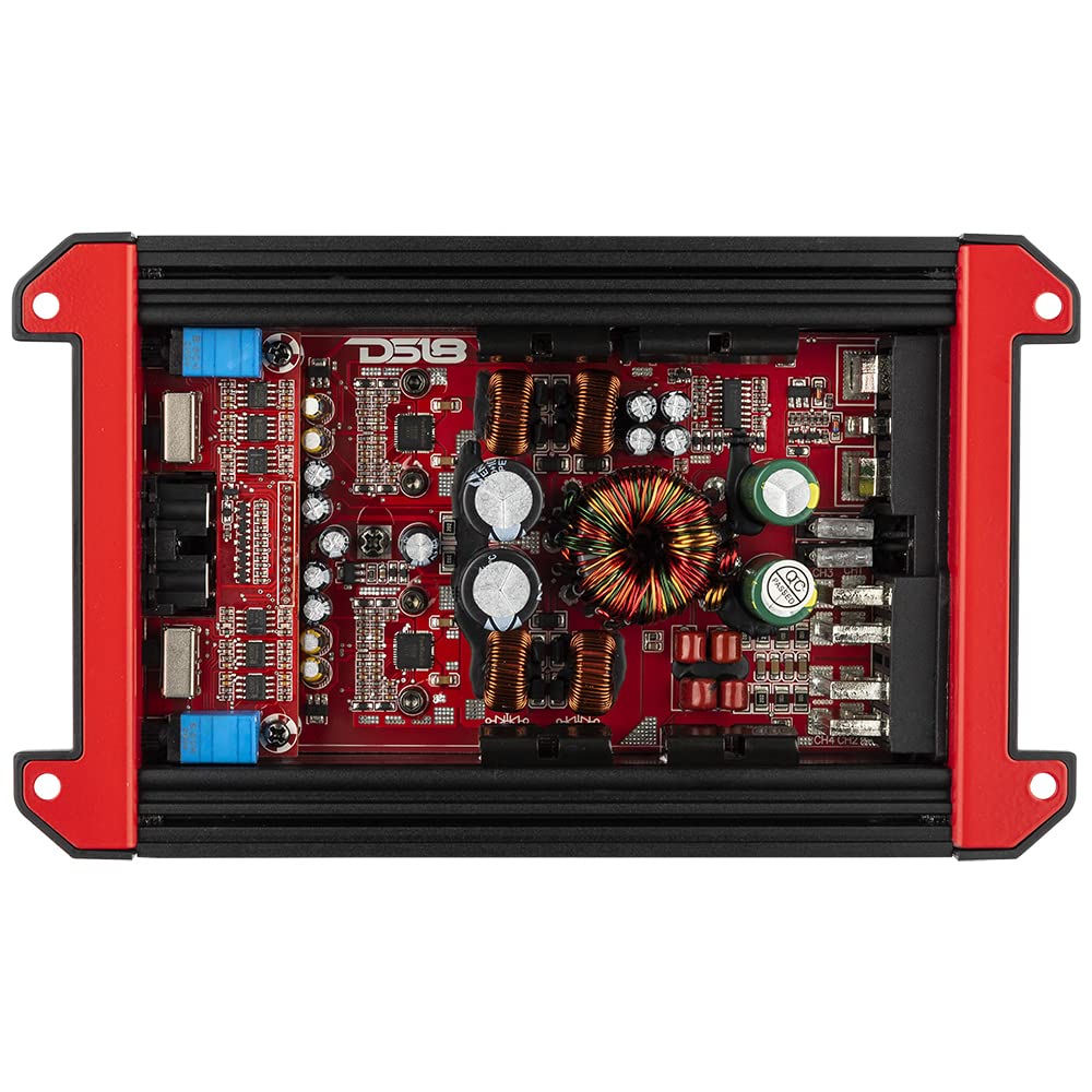 Amplificador de Coche DS18 Gen-X Rojo Clase D 4 Canales Compacto 1000 Vatios 2/4 Ohmios Estable y Puenteable