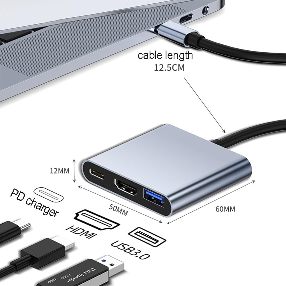 Adaptador USB C a HDMI ZOKNGB Gris con Hub 3 en 1 y Salida HDMI 4K Compatible con MacBook Pro/Air/iPad DELL XPS