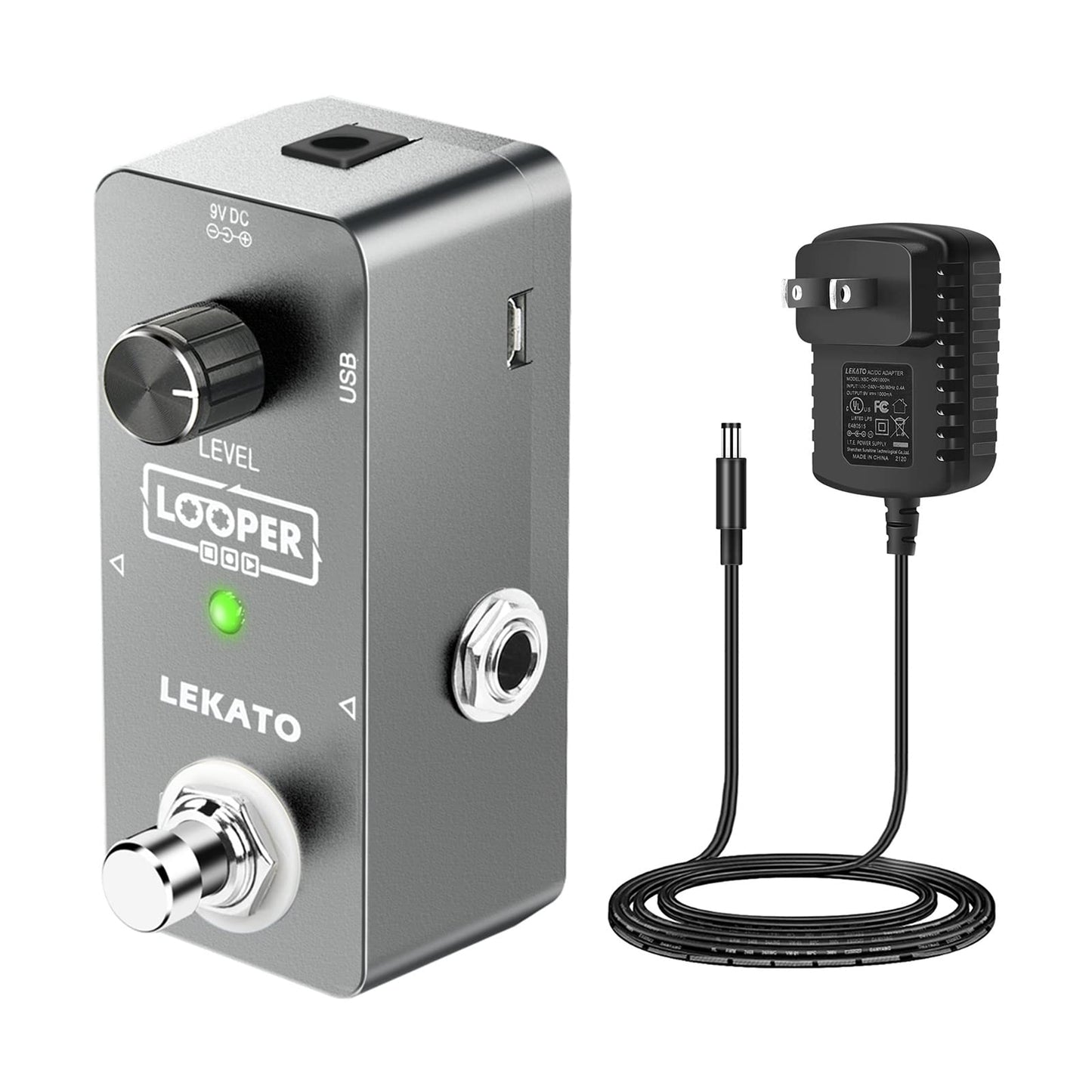 LEKATO Pedal de bucle para guitarra con efecto de bucle de pedal ilimitado, sobredubs de 5 minutos, estación de bucle de tiempo con cable USB y adaptador de fuente de alimentación de pedal de 9 V 0,6 A