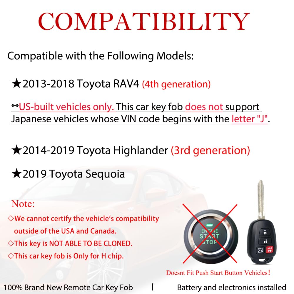 Llave de repuesto para Toyota RAV4 2013 2014 2015 2016 2017 2018/Highlander 2014-2019/Sequoia 2019 GQ4-52T Control remoto de entrada sin llave 89070-0R100 chip H de 4 botones