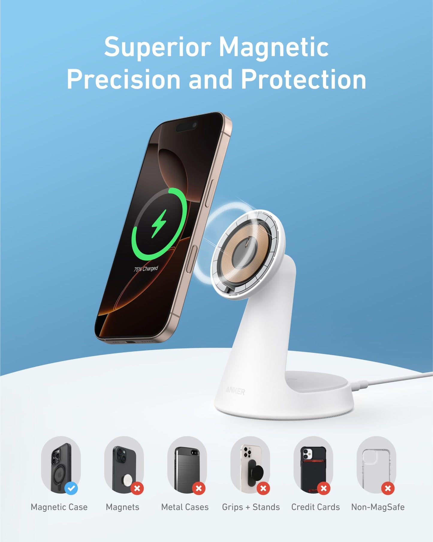 Anker Estación de Carga Inalámbrica 15W, Soporte 2 en 1, Carga Rápida Qi2, Sistema de Carga Dual, Conexión Magnética Segura, Ángulos Ajustables, Diseño Elegante para iPhone 15 Pro y Auriculares TWS