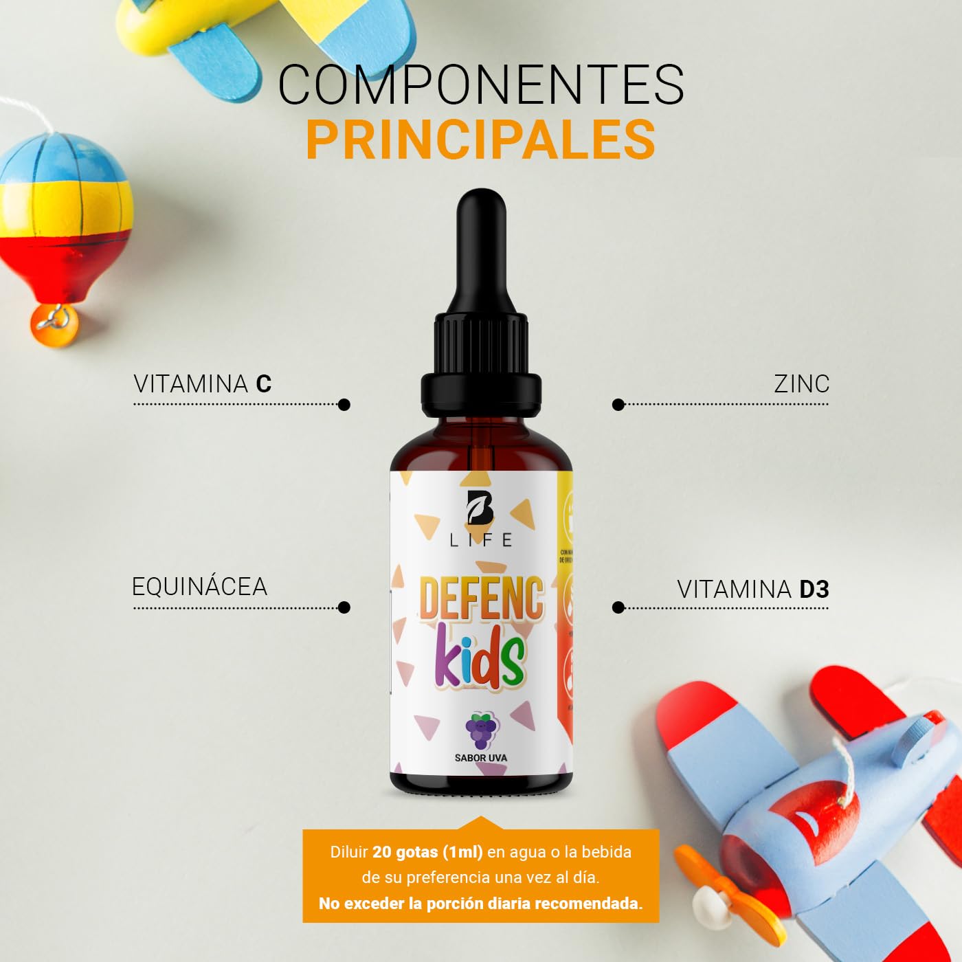 B Life Company Defenc Kids líquido en gotas para niños a partir de 1 año. Ingredientes naturales: Vitamina C, D3, Zinc y Equinácea de 60 Tomas. Defenc Kids.