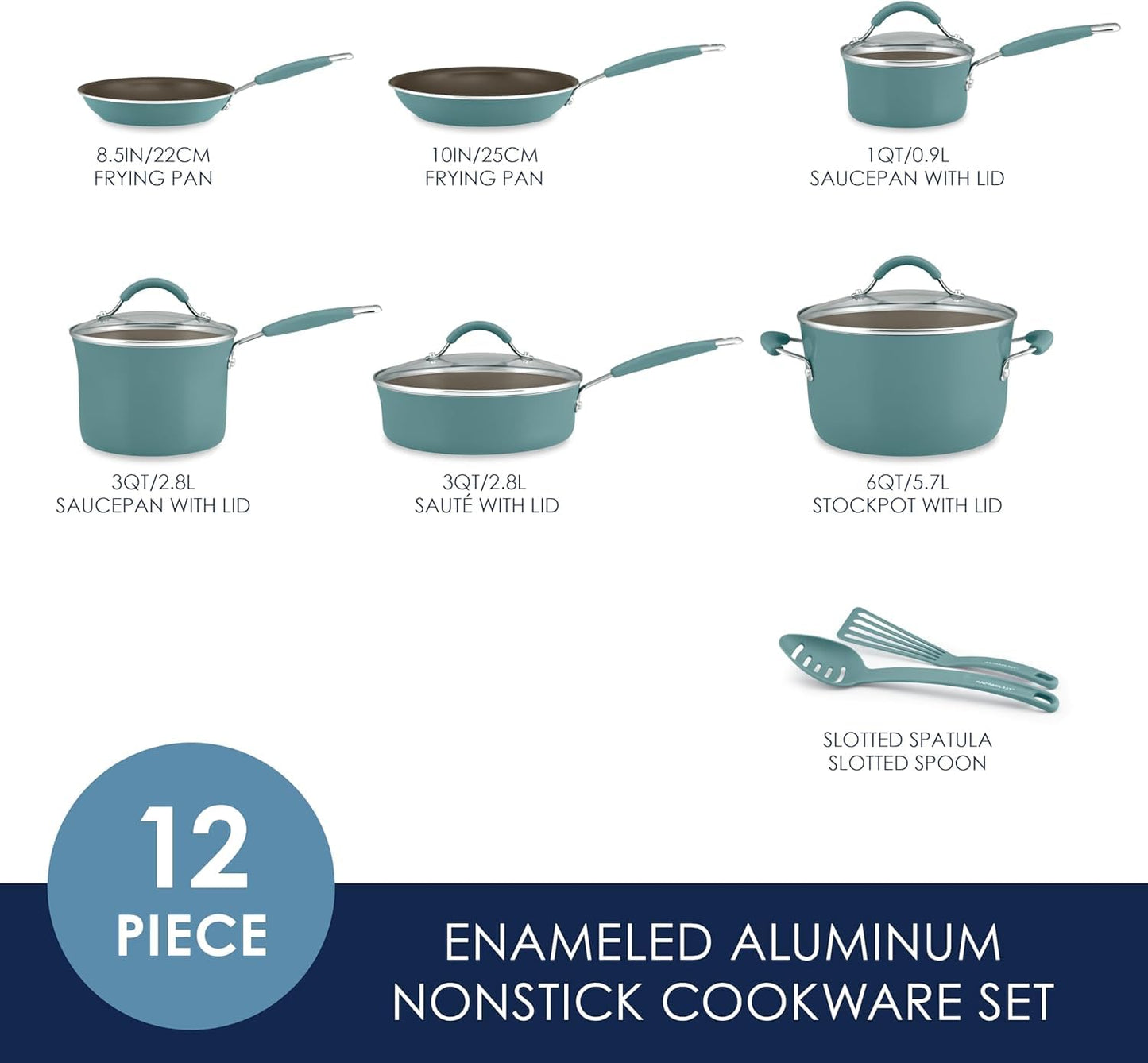 Batería de Cocina Rachael Ray Azul Aqua Porcelana Dura Antiadhesiva 12 Piezas