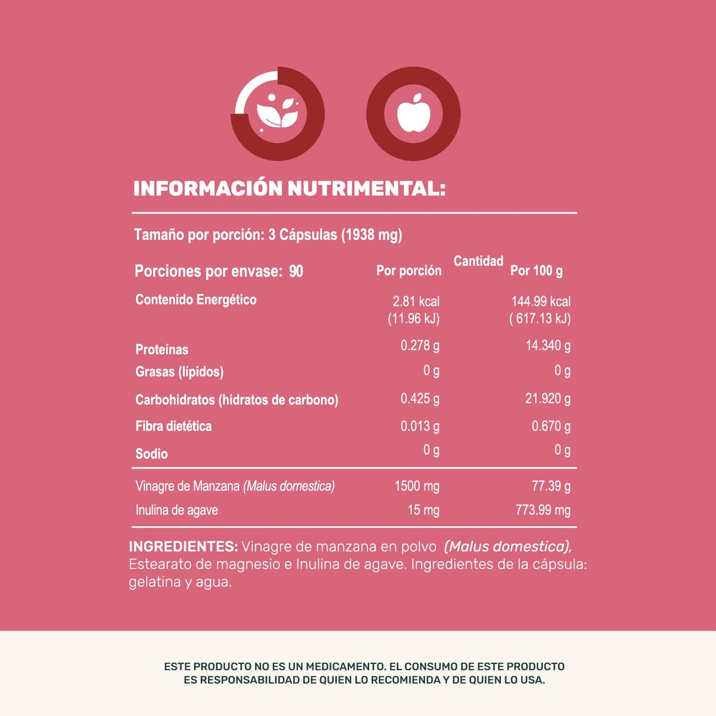 LIFE 360+ Apple Vinegar & Prebiotic | 270 Cápsulas | Vinagre de Manzana, Estearato de Magnesio e Inulina de agave (Prebiótico) | Suplemento Alimenticio en cápsulas | 90 porciones por envase