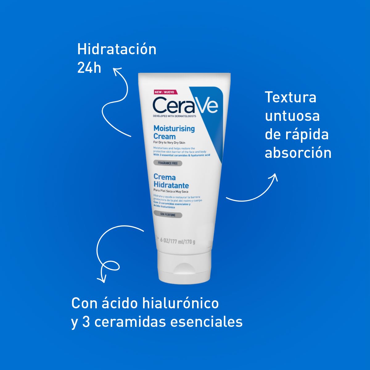 CeraVe Limpiadora Hidratante |473ml| Limpiador facial diario para piel seca | Libre de fragancia + Crema Hidratante |170gr| Hidrante diario para rostro y cuerpo para piel seca