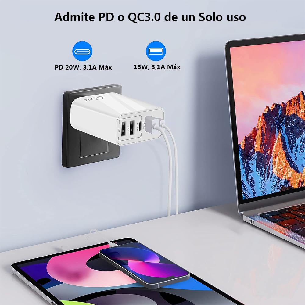 Jiula 65W 5 en 1 Cargador Carga Rapida Tipo C con Cable 1.5M - Cargador Carga Rapida para iphone14/13/12/11/Pro/Samsung/Xiaomi/Huawei/Motorola. Etc (65W,iPhone C)