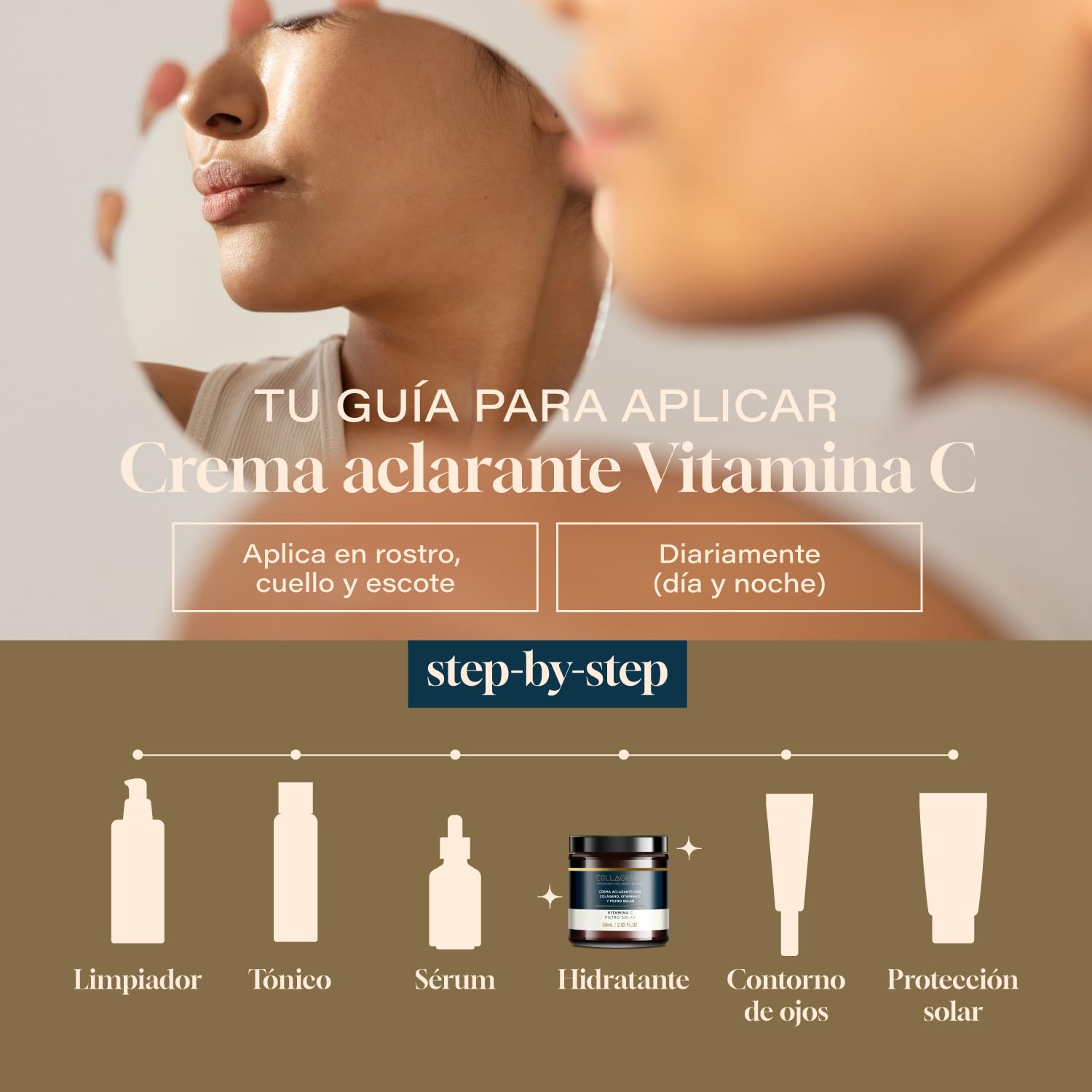 COLLAGENIC Crema Aclarante Facial con Vitamina C y Colágeno Hidrolizado | Crema de Día con Filtros Solares para Unificar el Tono de Piel | Bloqueador Solar Antioxidante para Rostro y Cuello, 60ml
