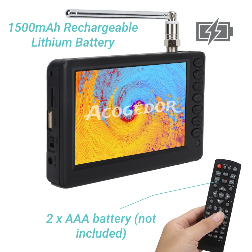 Acogedor TV Portátil de 5 Pulgadas, 1080P ATSC Pocket TV Digital para Coche, con Batería Recargable de 1500 mAh, Compatible con USB, Tarjeta TF, Mini Televisión Digital para Camping, Cocina
