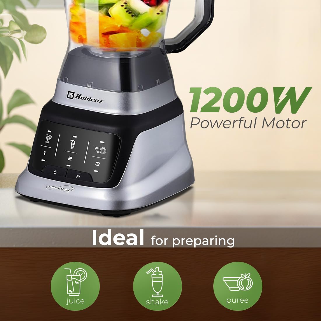 Koblenz Licuadora Profesional LKM-9406, 1200 W, 6 Programas de Licuado, Ultra Silenciosa, Vaso Plástico de 2 L, para Smoothies, Licuados, Jugos y Salsas, Incluye Accesorio, Licuadora para Batidos