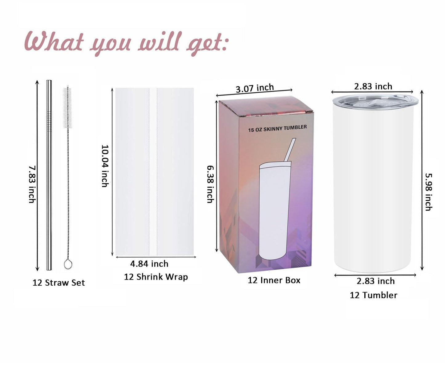 Wzaytia - Vasos de sublimación de 15 onzas en blanco (paquete de 12), vasos de sublimación para niños delgados y rectos a granel, en caja de regalo individual