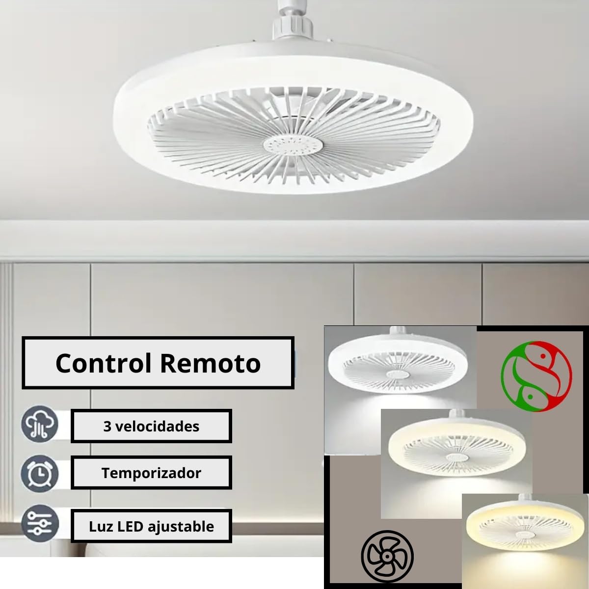 Lámpara Techo Foco Ventilador 30W Blanco 3 Tonos Control Remoto 3 Velocidades Carcasa Transparente Dosyu