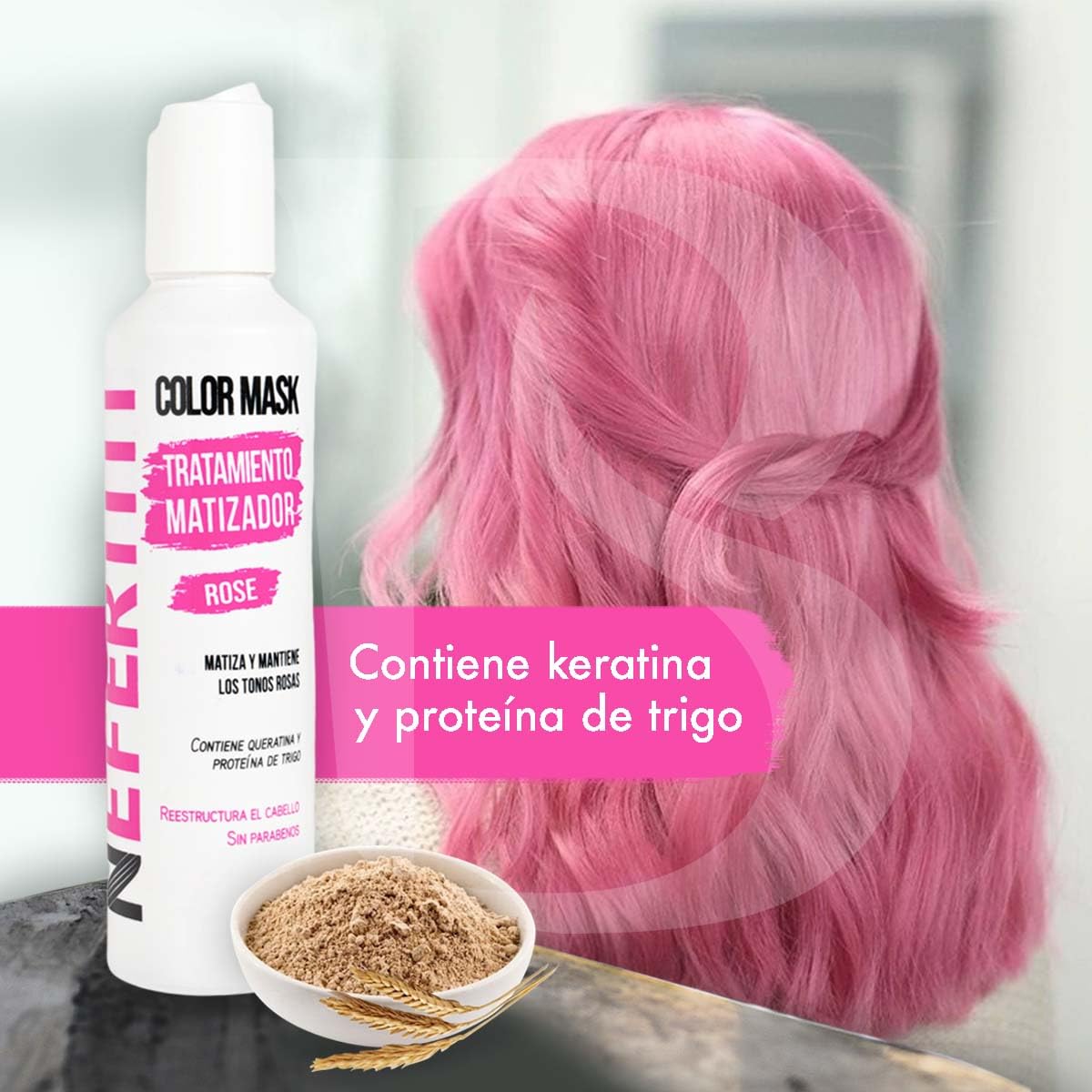 Tratamiento Capilar Nefertiti Rosa Con Keratina y Proteína De Trigo Sin Parabenos