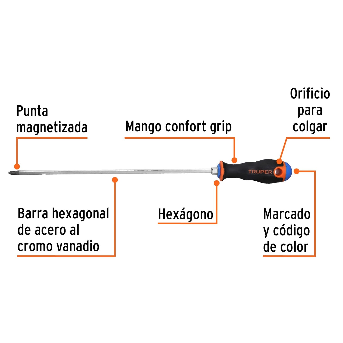 Desarmador de Cruz Truper Naranja Mango Comfort Grip