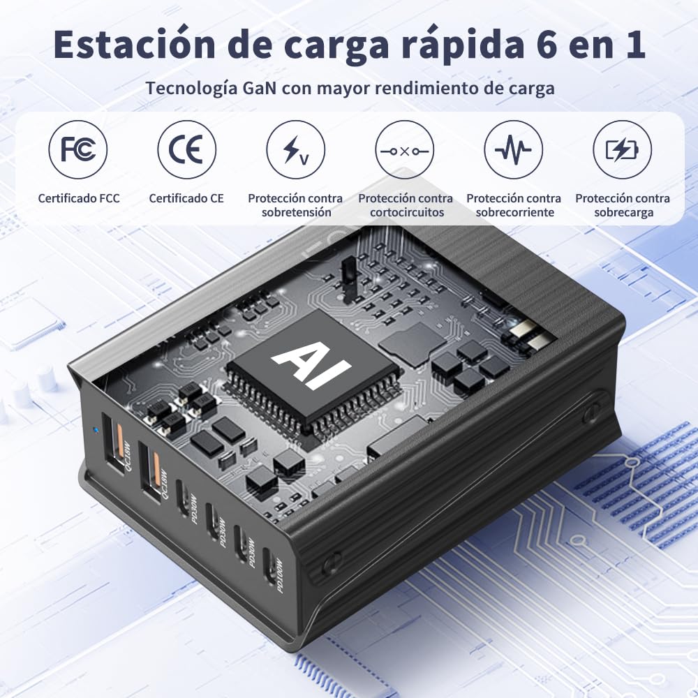 JESWO 200W Cargador USB C GAN, Cargador Tipo C Carga Rapida con 6 Puertos, Puerto de Carga USB c de 100 W y Tres Puertos de Salida PD30 W, compatibles con portátiles, tabletas y Otros Dispositivos