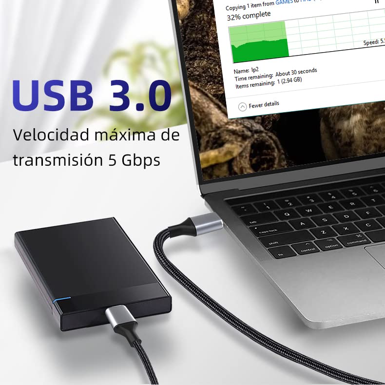 JESWO Cable Adaptador USB 3.0 a Micro B Transferencia 5Gbps, 1M Cable para Disco Duro Externo, Aleación de Aluminio Nylon Trenzado, Compatible con Galaxy S5, Note 3, Note Pro 12.2, Tab Pro 12.2 y Nokia Lumia 2520 Tablet