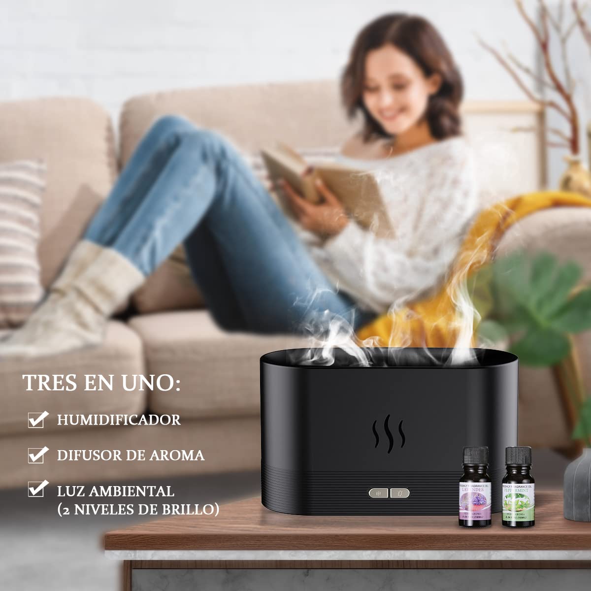 Humidificador VIDA4U En Forma de Llama con Difusor de Aceites y Luz Nocturna
