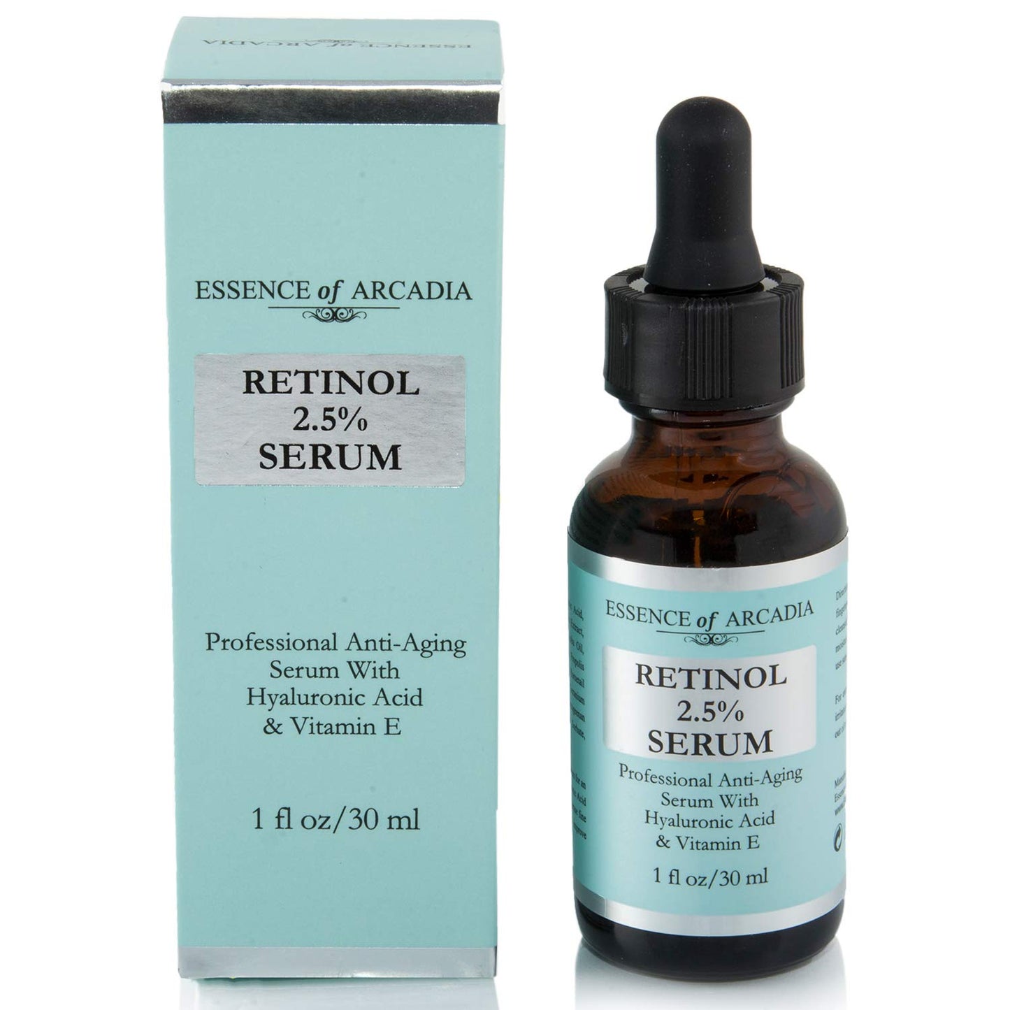 RETINOL 2.5% Serum, Professional Strength Anti- Aging Formula With Hyaluronic Acid and Vitamin E by Essence of Arcadia, Minimize Wrinkles, Fade Dark Spots