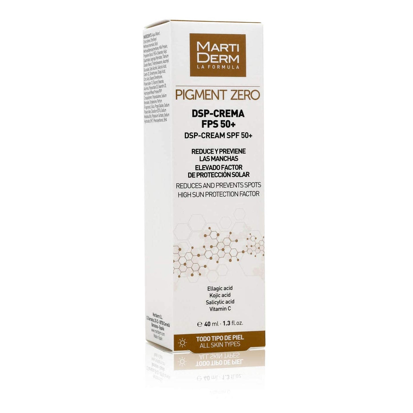 MartiDerm Pigment Zero DSP Crema Despigmentante con Protector Solar FPS 50+ Crema con color, elimina, previene, cubre y protege las manchas. Ácido tranexámico + Ácido ferúlico + Niacinamida + Vitamina C - 40 ml