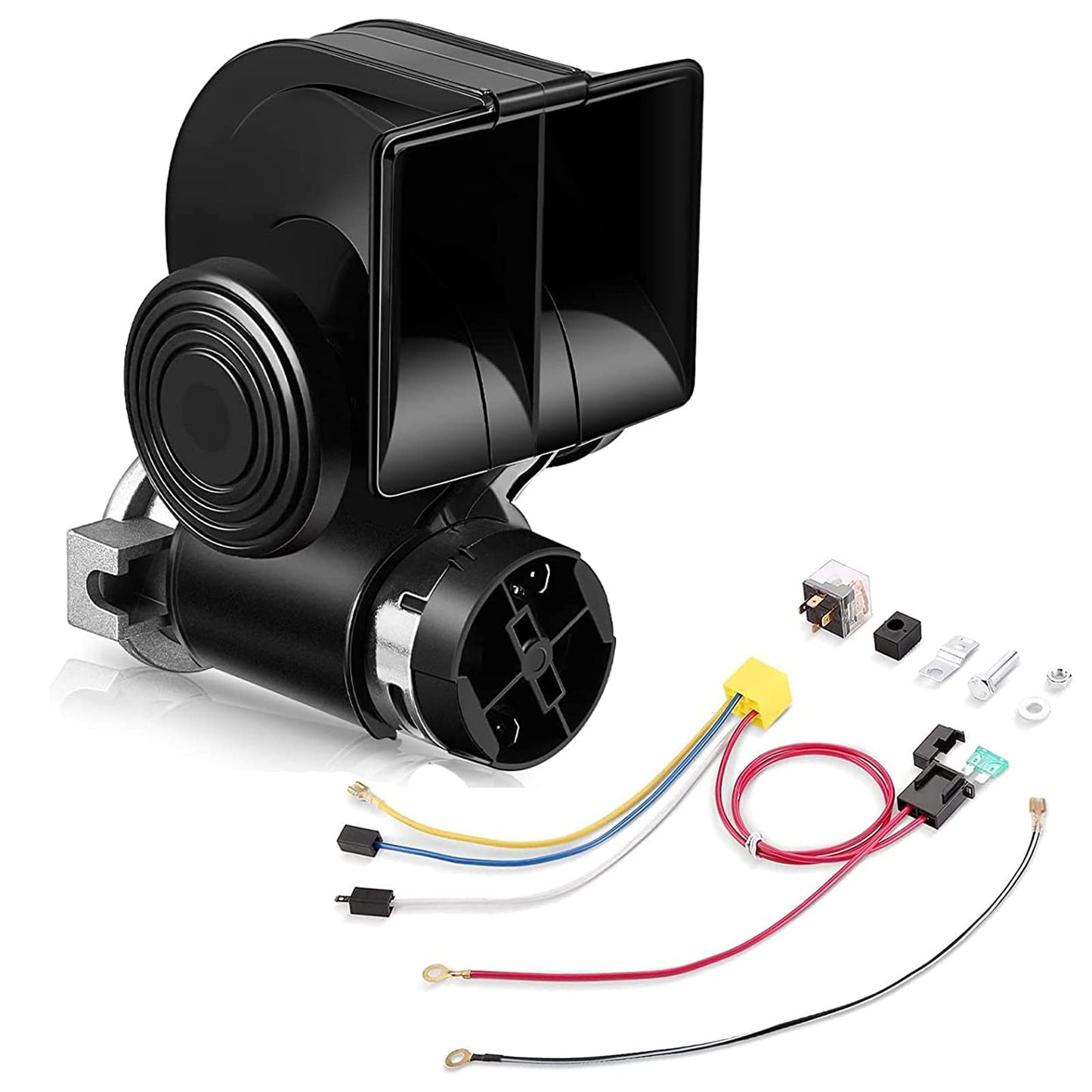 HK Bocina de aire de tren con compresor, 12 V 150 dB, bocina eléctrica de caracol con relé automotriz y arnés de cableado para cualquier vehículo de 12 V, camión, motocicleta, color negro