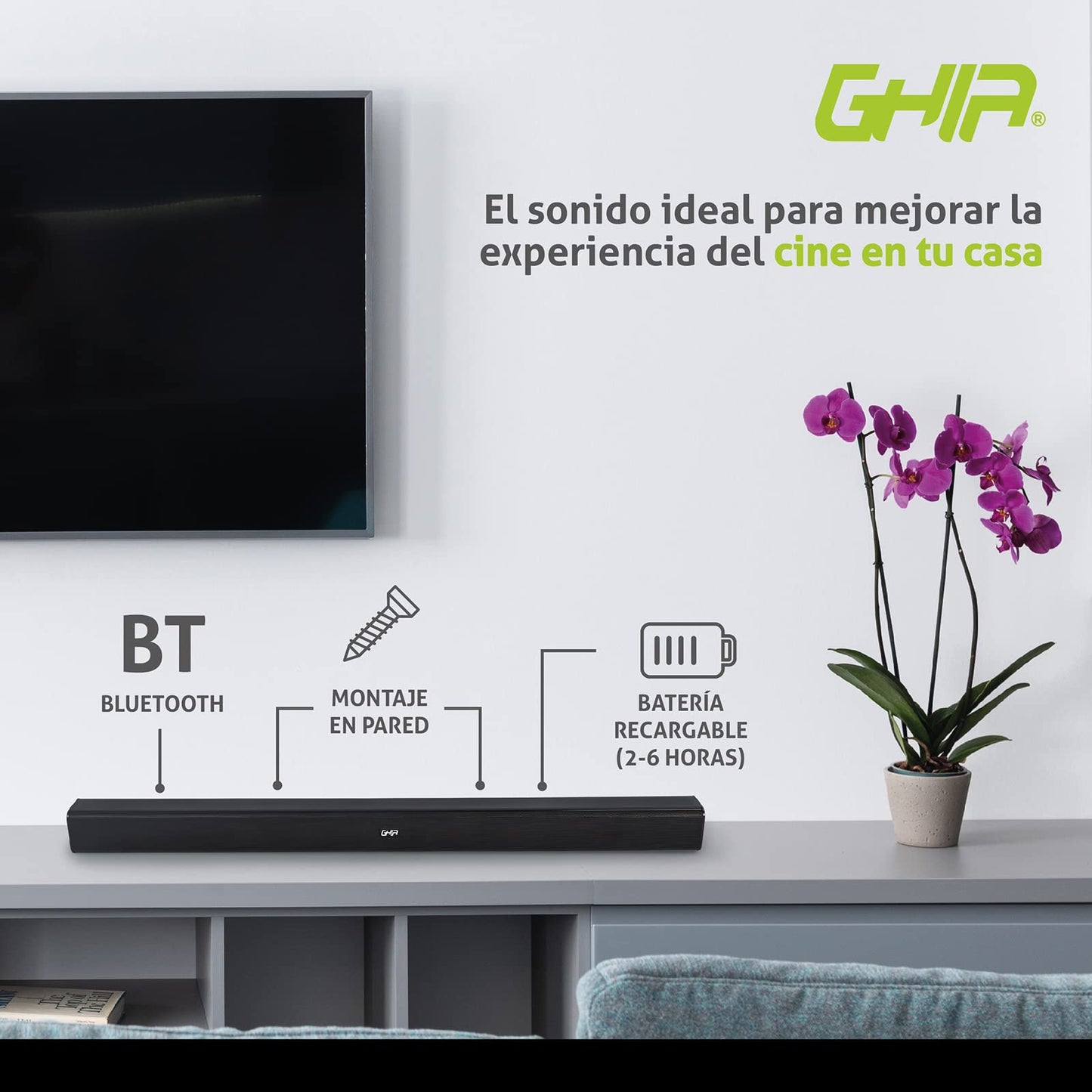 GHIA Barra de Sonido GSB-012. Audio de 2.0 Canales, Potencia 20w RMS, Batería Recargable 2200MAh. Conexión inalámbrica, Bluetooth, USB, Radio FM, Puerto Óptico.