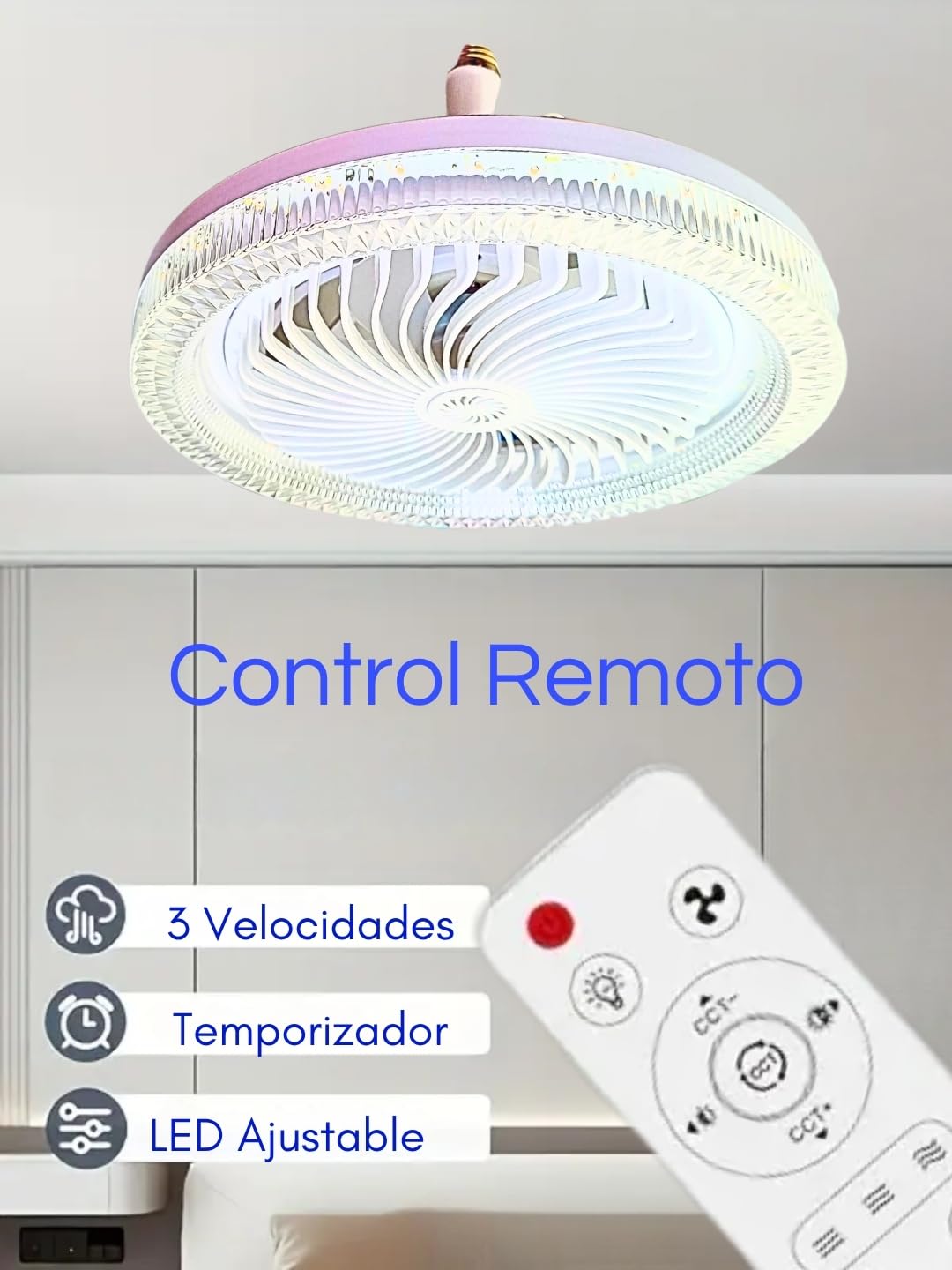 Lámpara Techo Foco Ventilador 30W Blanco 3 Tonos Control Remoto 3 Velocidades Carcasa Transparente Dosyu