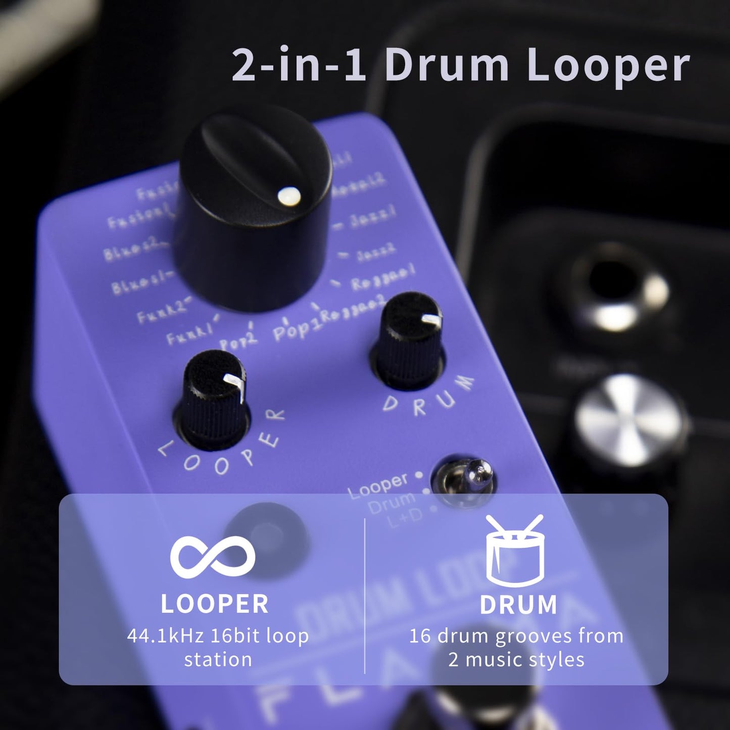 Pedal Looper de Guitarra Flamma FC01 Negro con Máquina de Tambores 2 en 1