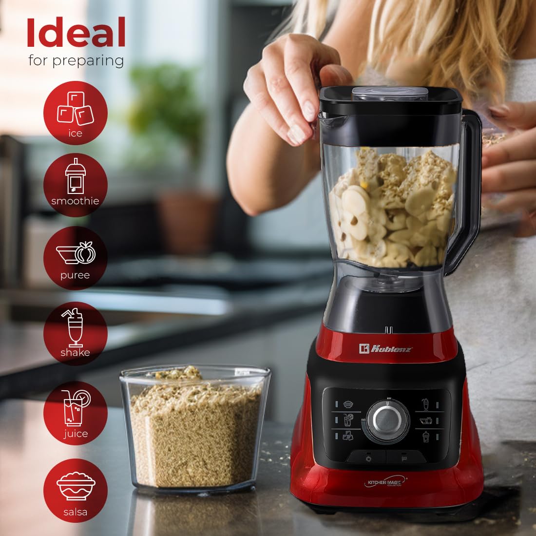 Koblenz Licuadora Profesional LKM-9608 PRO, 1400 Watts, Velocidad Ajustable, 6 programas y Función de Pulso, Ultra Silenciosa, Vaso Plástico de 2 L, Vaso Portátil de 900ml, Más Accesorios, Color Rojo
