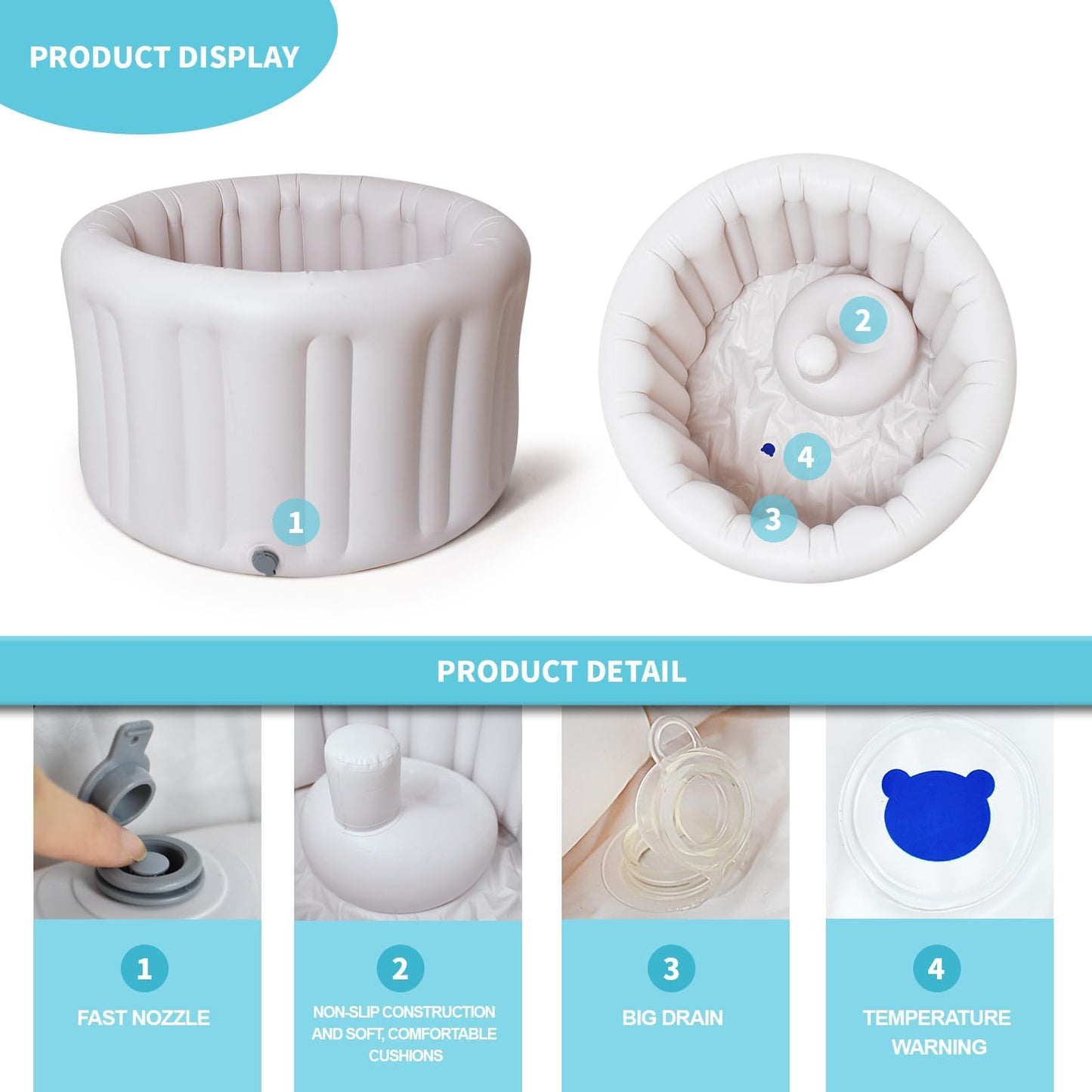 Hantaiwan Asiento inflable de baño para bebé para sentarse XL, bañera suave inflable para 24-36 meses, anticolisión con detección de temperatura, soporte de baño portátil para niños pequeños para el