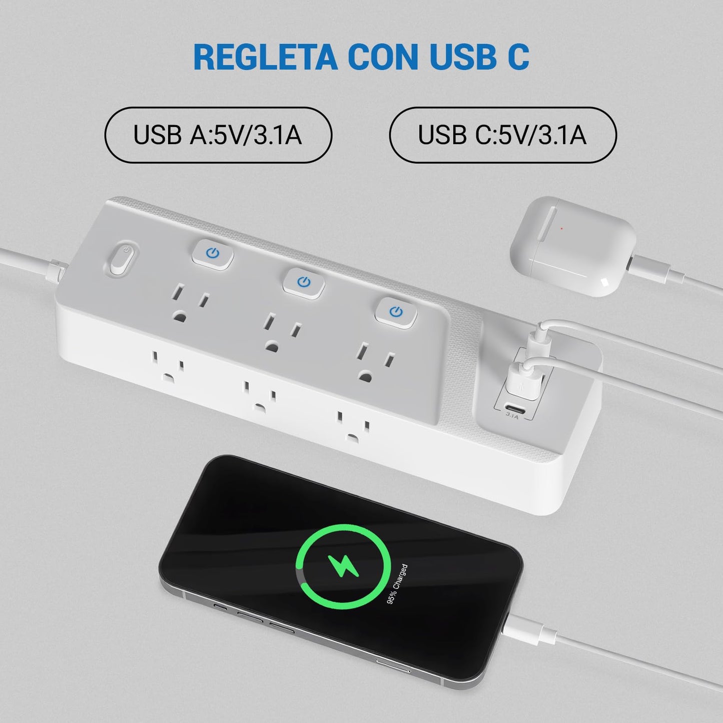 FAYCUCHO Regleta de Escritorio Multicontacto, 6 Tomas de Ca y 4 USB (2 USB-C), Cable de Extensión Delgado Plano de 1.8 m, Montaje en el Borde del Escritorio, Excelente para Oficina y Hogar