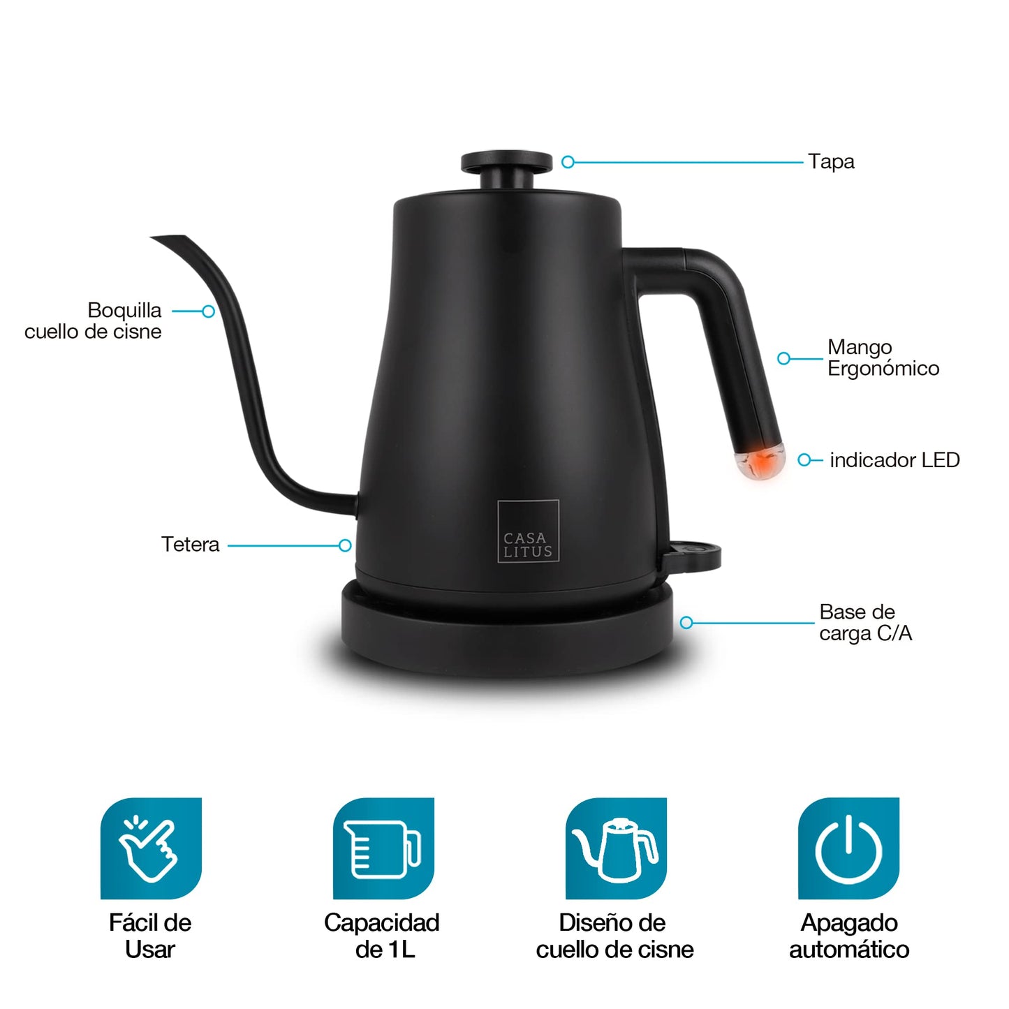 CASA LITUS Tetera Eléctrica de Acero Inoxidable con Cuello de Cisne, Hervidor de Agua Eléctrico con Apagado Automático y Tapa Hermética, Jarra para Preparar Café, Té y más, Cap. 1 Litro, Mod. Hamburgo