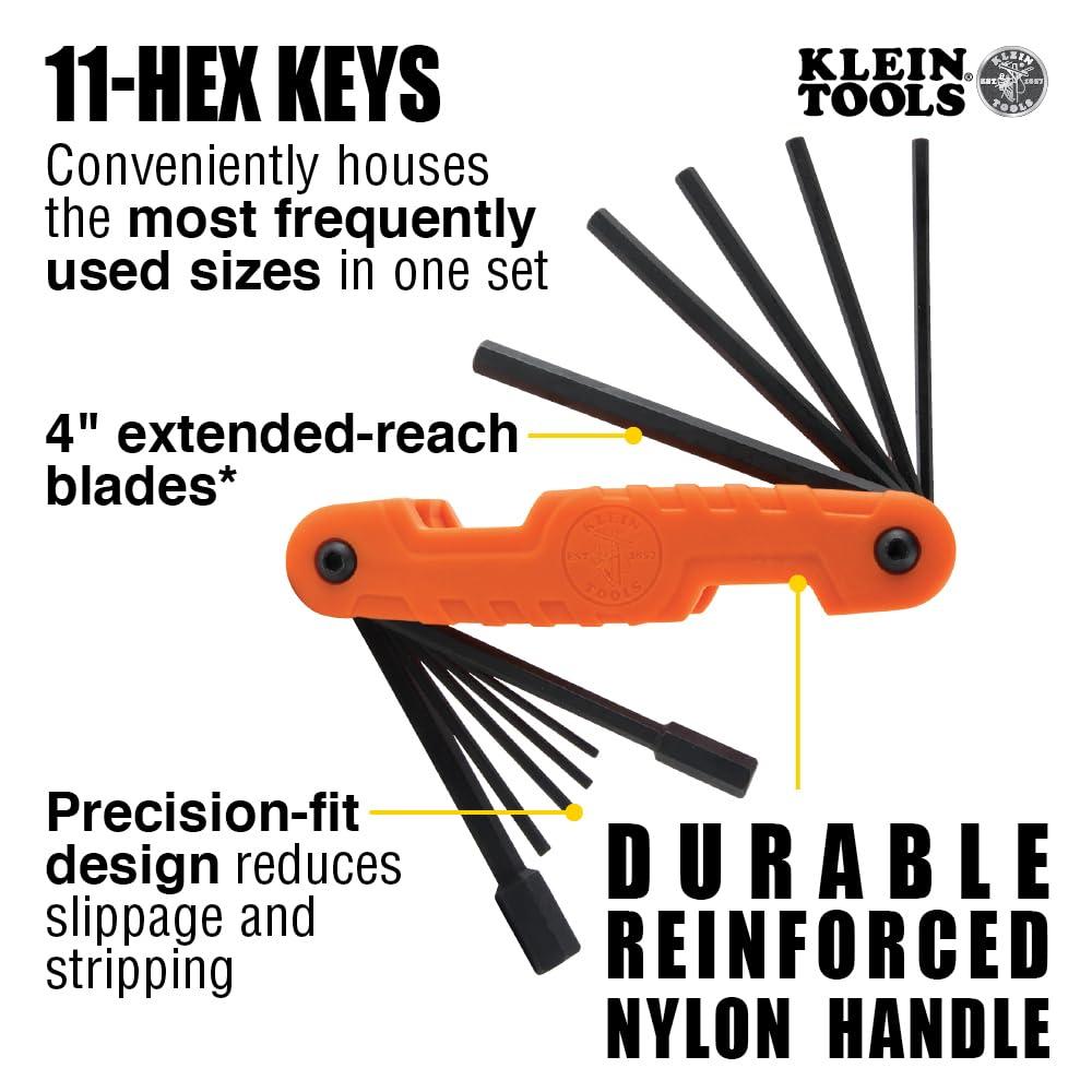 Klein Tools 70550 Juego de llaves hexagonales 11 tamaños SAE, herramienta de llave Allen plegable resistente con llaves hexagonales extralargas