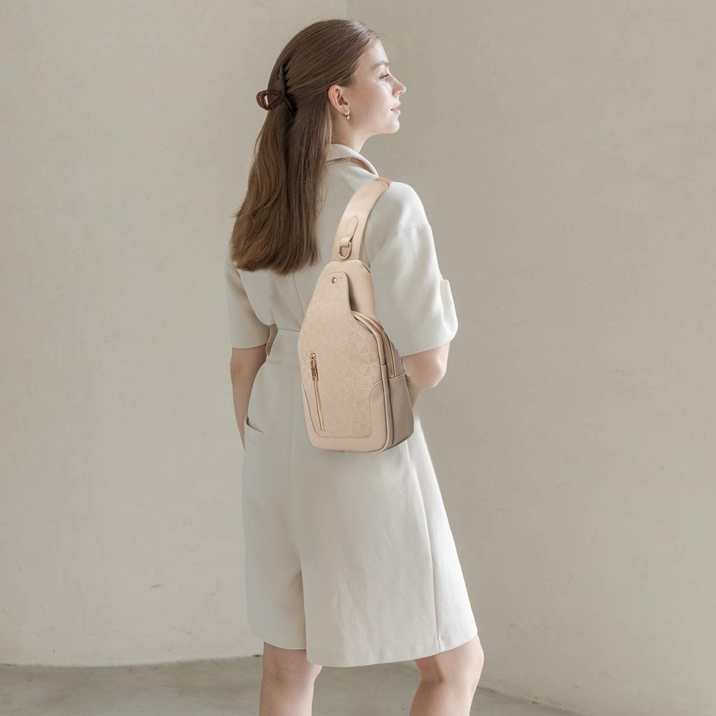 Anck Riñonera Bandolera para Mujer, Bolso Pequeño en el Pecho, Diseño a Cuadros, 9829-G-YH-Khaki, Estilo Casual, Moda Relajada