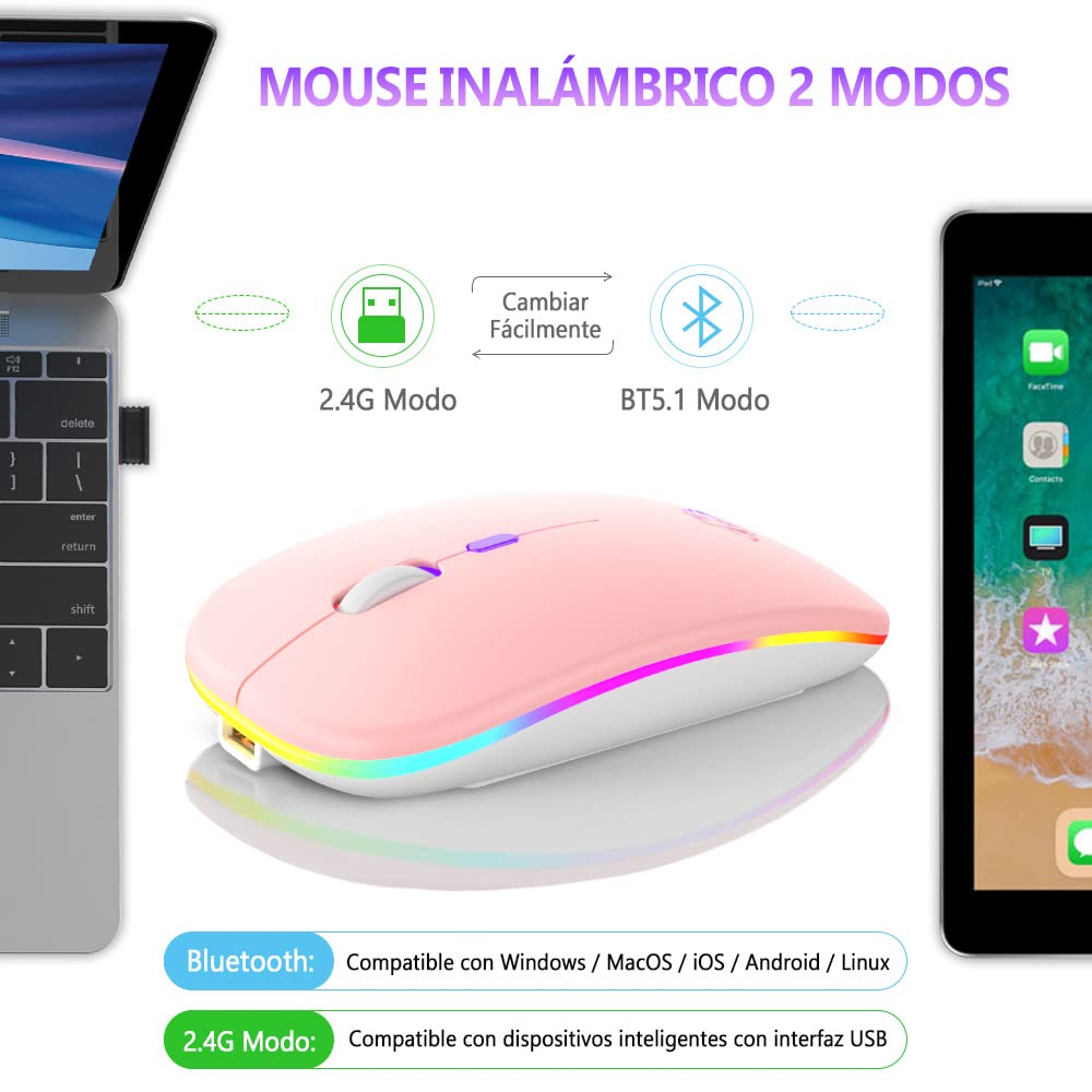 Free wolf X15 Mouse Inalámbrico, Mouse Bluetooth y 2.4GHz Modos Dual Recargable y Ergonómico, Click Silencioso con Receptor USB 3 Ajustable dpi Ratón para Computadora, Portátil, PC, Mac (Rosa)