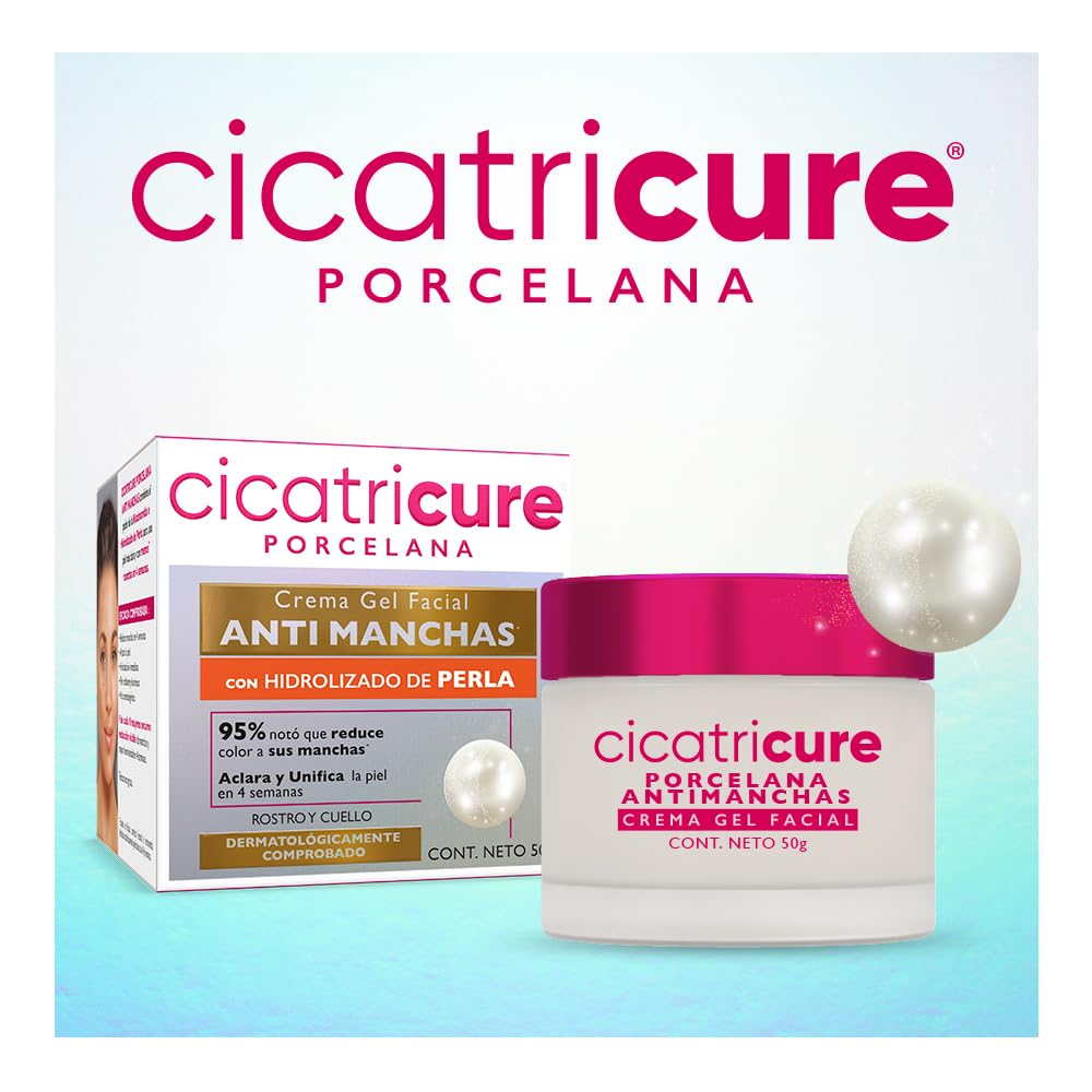 CICATRICURE - Porcelana Crema Gel Facial Anti-machas. Con Hidrolizado de perla, reduce manchas, aclara la piel y unifica el tono. Uso para rostro y cuello, presentación de 50g