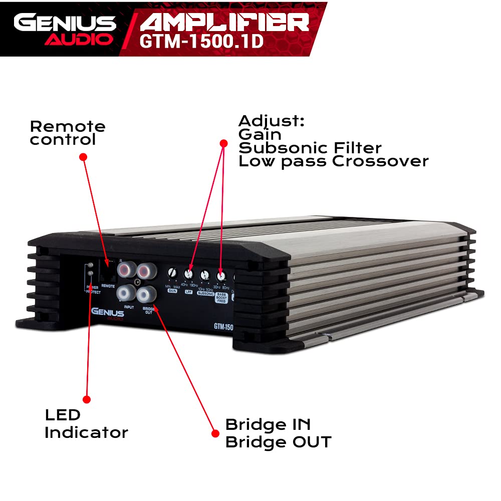 GENIUS - Amplificador compacto Full Range clase D GTM-1500.1D / 3000 watts/estable a 1 ohm con sistema de protección de energía y refuerzo de graves para Bocina y woofer