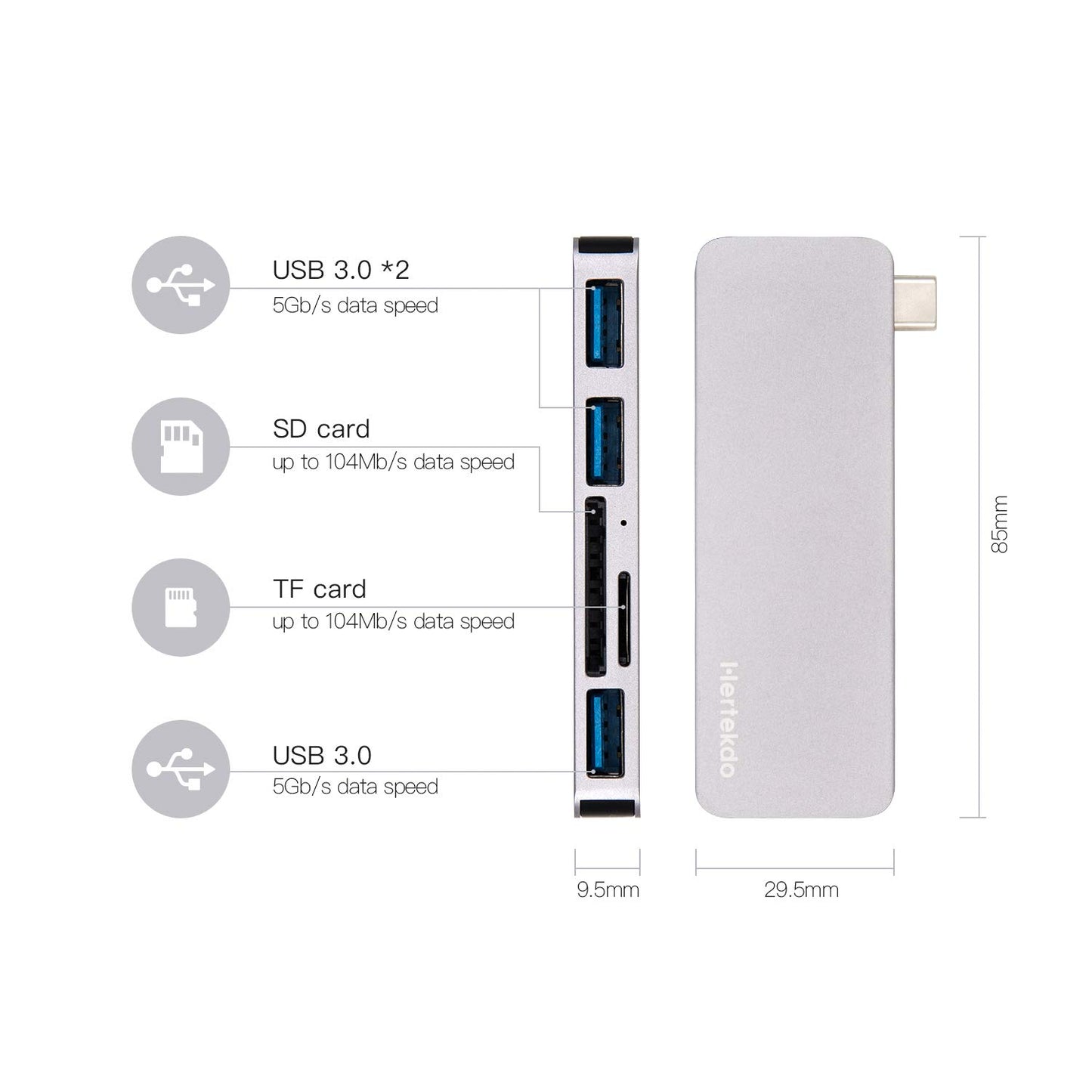 Adaptador USB C Hub Tipo C con 3 Puertos USB 3.0 y Lector de Tarjeta SD/TF Compatible con MacBook, MacBook Pro, MacBook Air, Dell, Asus, Huawei, Microsoft Surface