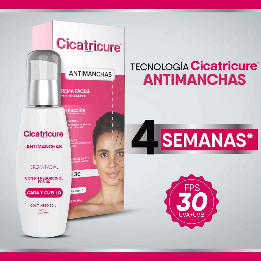 CICATRICURE - Crema facial Anti-manchas. Efecto de triple acción, despigmentante, antioxidante y unificante de la piel, con FPS 30. Uso para cara y cuello, presentación de 50g