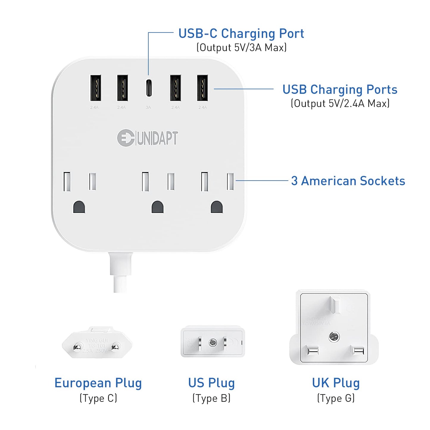 Adaptador de Enchufe Europeo Unidapt Blanco con USB C y 4 Puertos USB, Extensión de 5 Pies