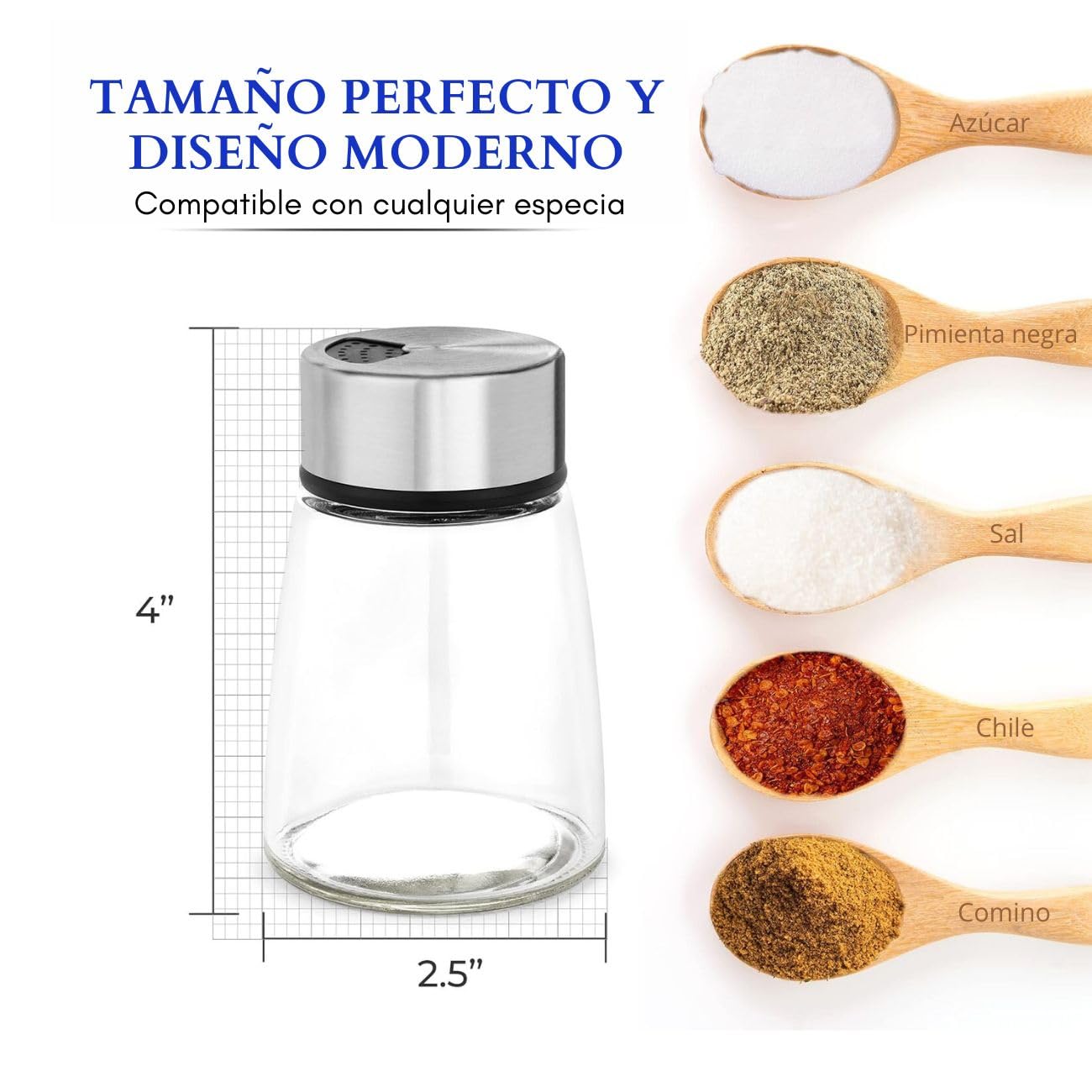 Juego de Saleros y Pimenteros U Chef Acero Inoxidable y Vidrio con Agujeros Ajustables para Sal y Pimienta