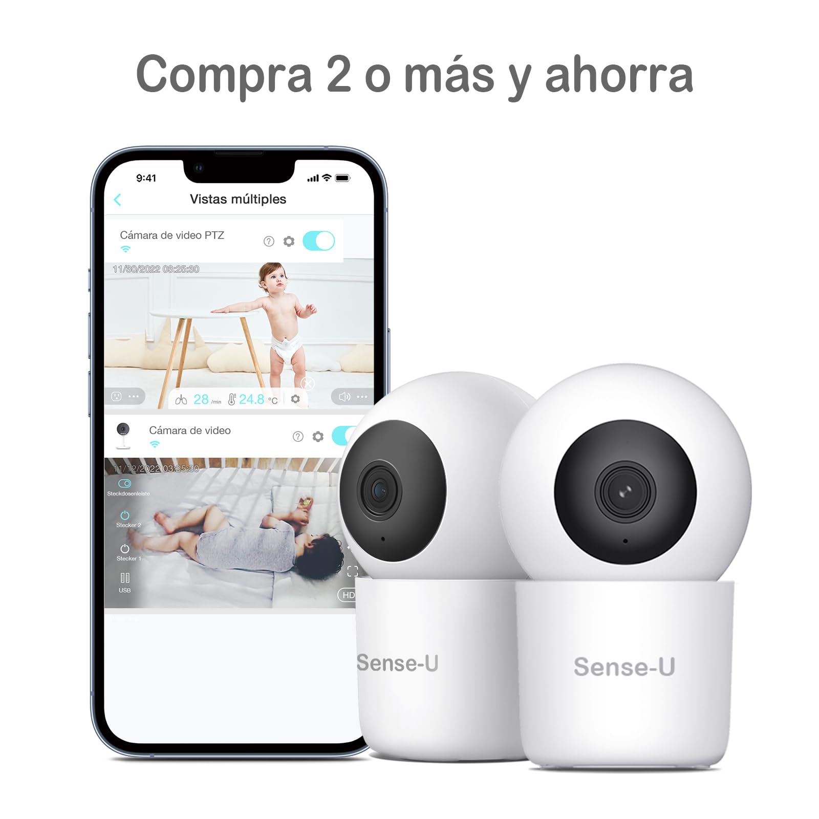 Monitor de Bebé Sense-U Video con Cámara Remota Pan-Tilt-Zoom en Visión Nocturna y Audio de Fondo sin Cargo Mensual