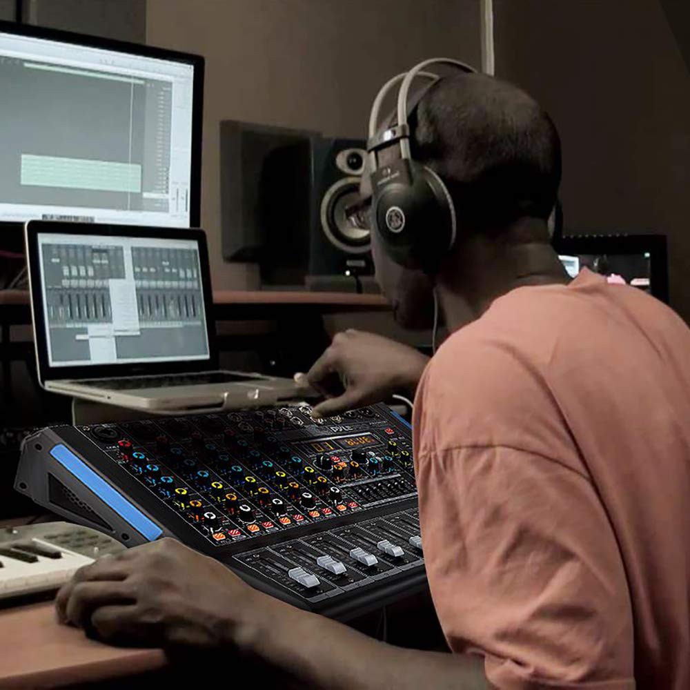 Bluetooth Studio Audio Mixer - Interfaz de controlador de sonido DJ con unidad USB para entrada de grabación de PC, conector de micrófono XLR, alimentación de 48V, entrada / salida para profesionales y principiantes, 6 canales Pro, Negro