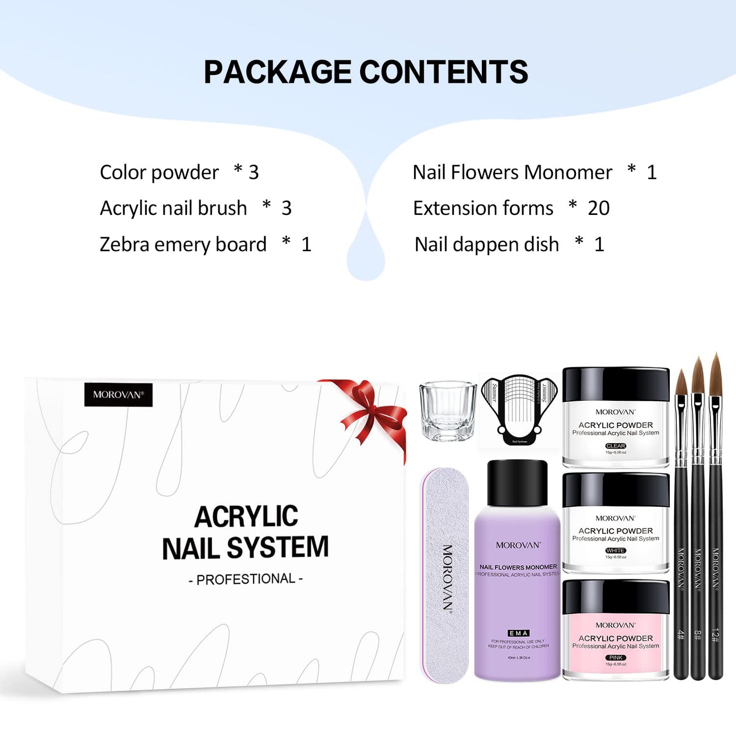 Morovan Polvo Acrílico para Uñas Kit (3 Colores) - Ideal para Principiantes